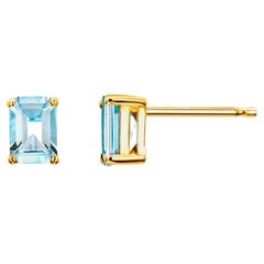 Emerald Shaped Aquamarine Set in Yellow Gold Stud Earrings Weighing 1.60 Carats