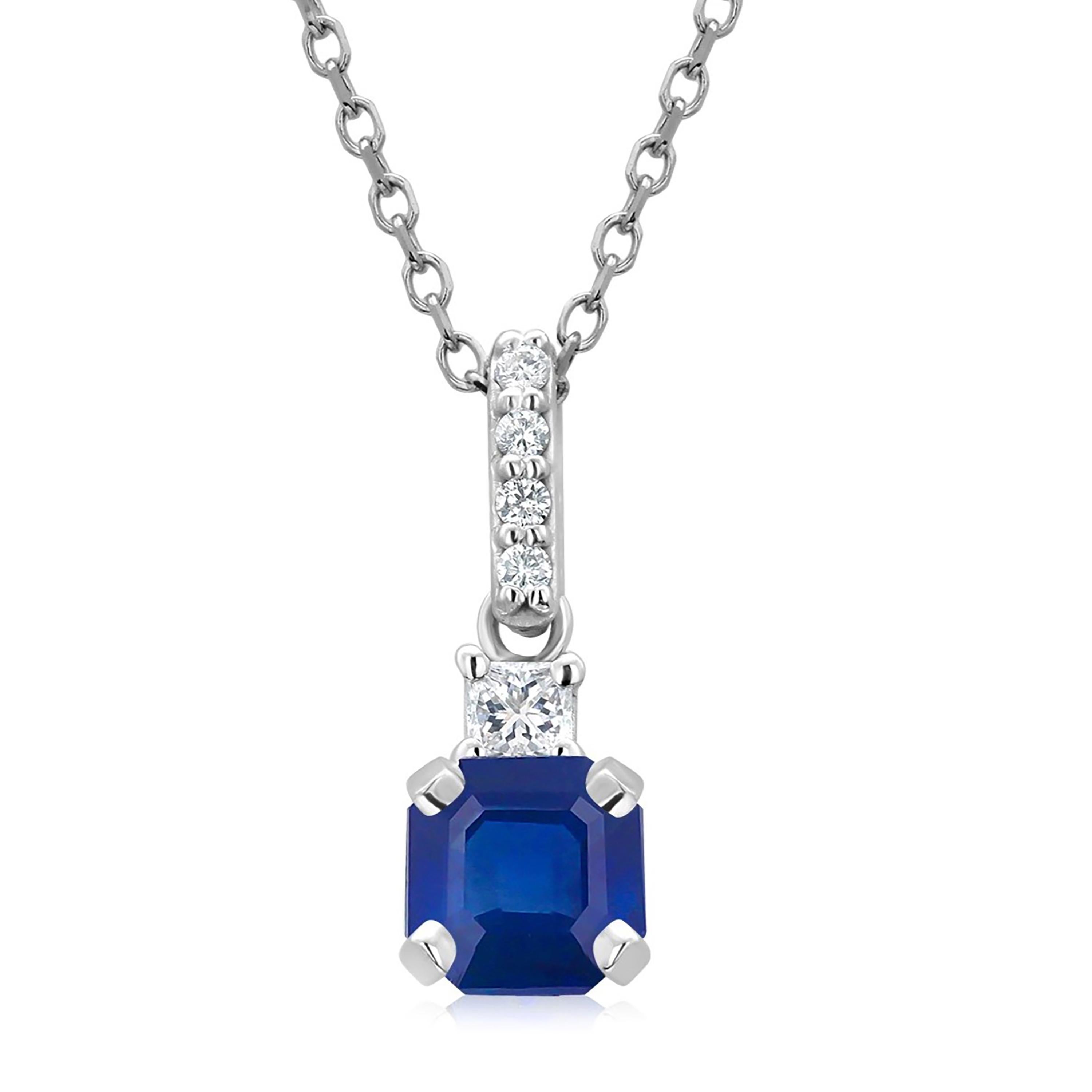 Emerald Cut Ceylon Sapphire Princess Diamond Diamond Bail 1.15 Carat Gold Pendant Necklace