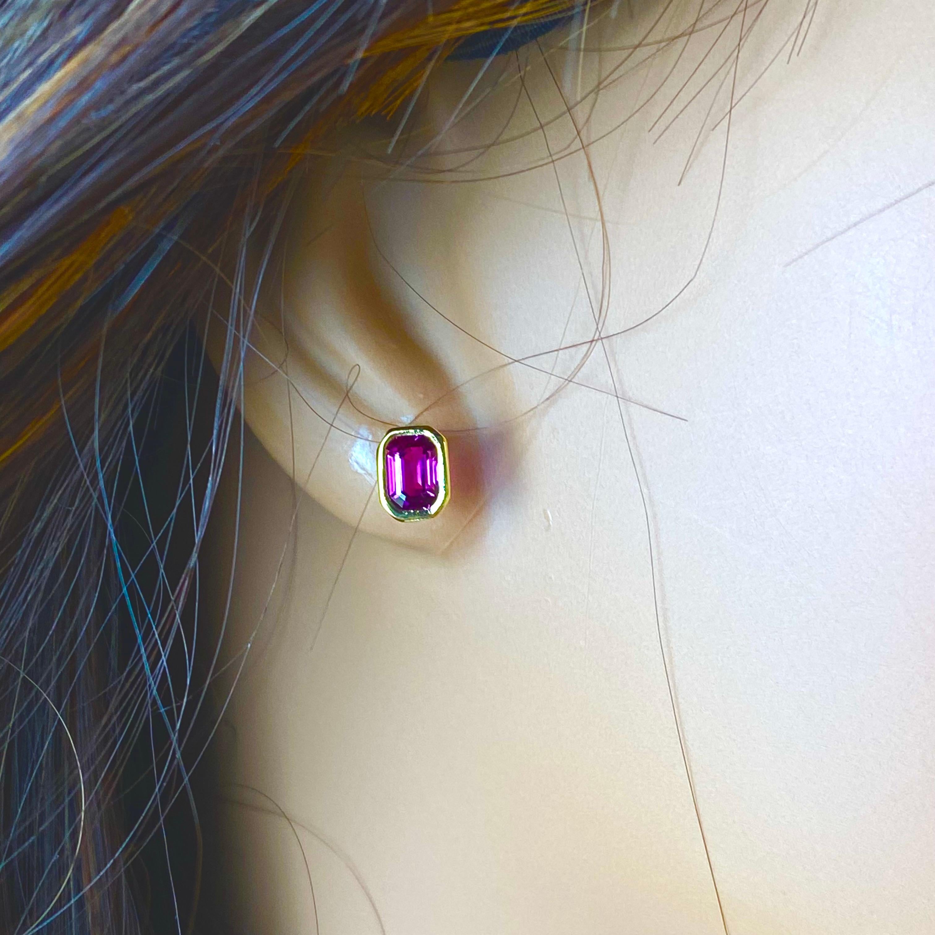 Emerald Shaped Burma Ruby 1.40 Carat 14 Karat 0.30 Inch Gold Bezel Stud Earrings 3