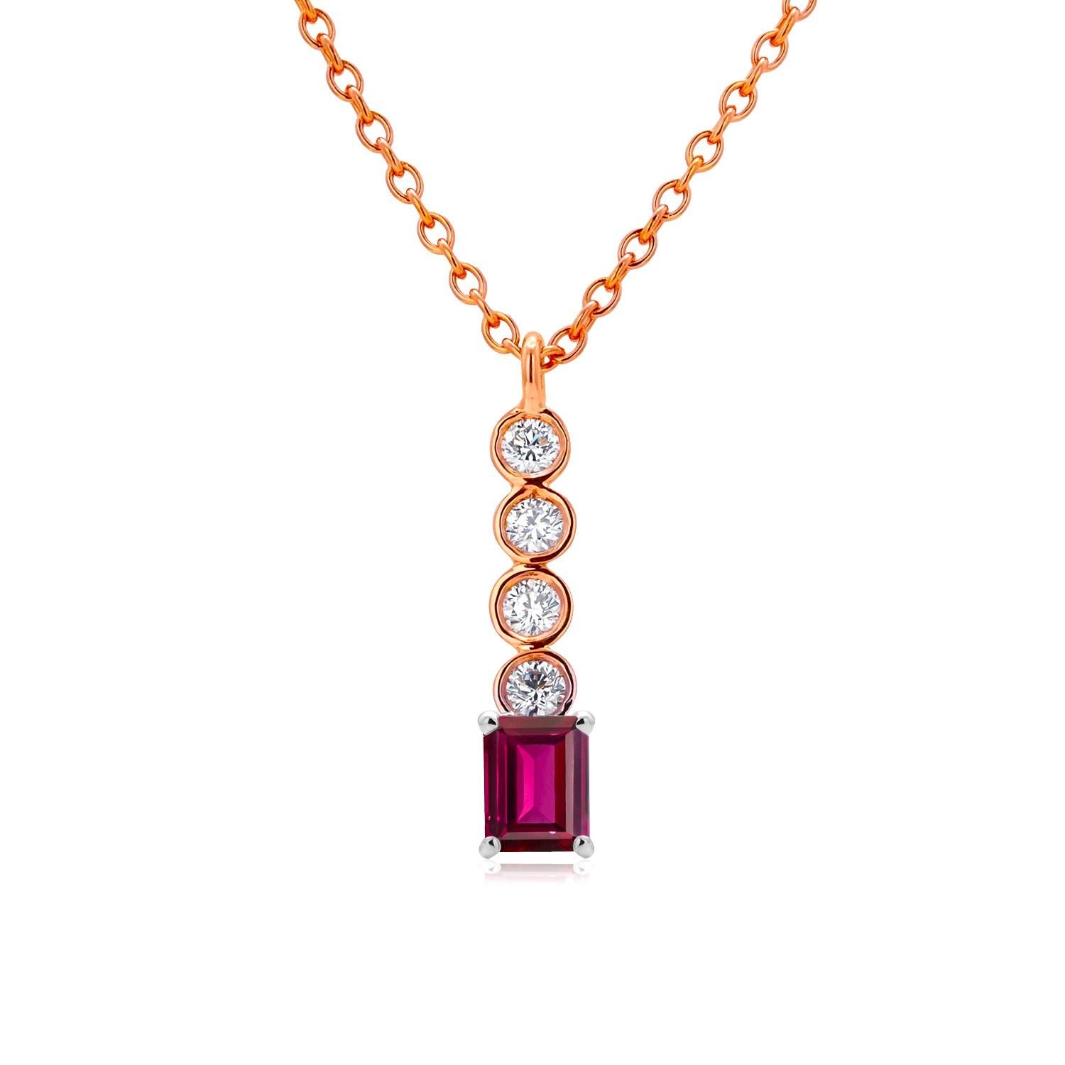 Collier pendentif Lariat en or rose avec diamants et rubis de Birmanie en forme d'émeraude de 0,95 carat Neuf - En vente à New York, NY