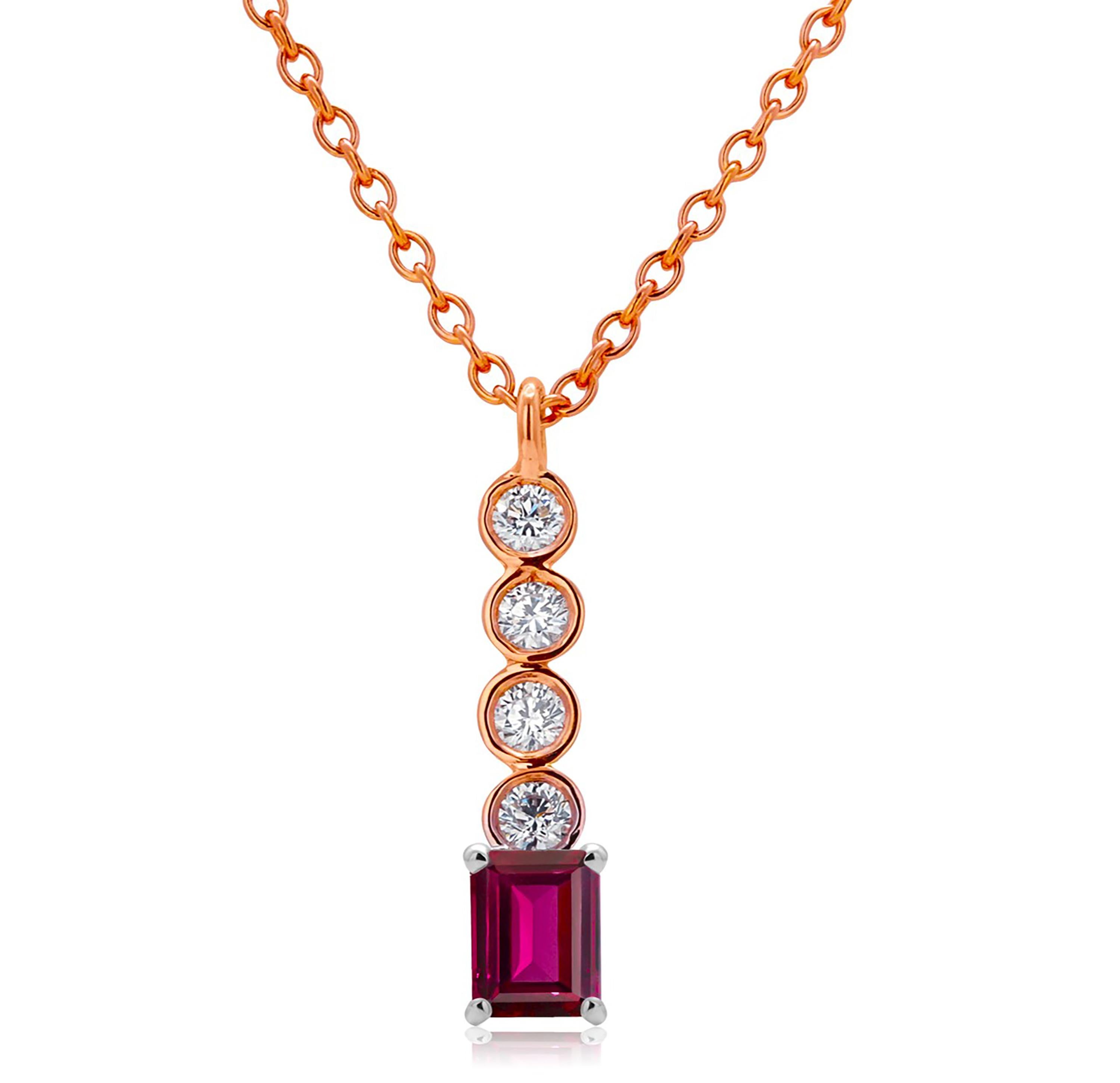 Collier pendentif Lariat en or rose avec diamants et rubis de Birmanie en forme d'émeraude de 0,95 carat en vente 1