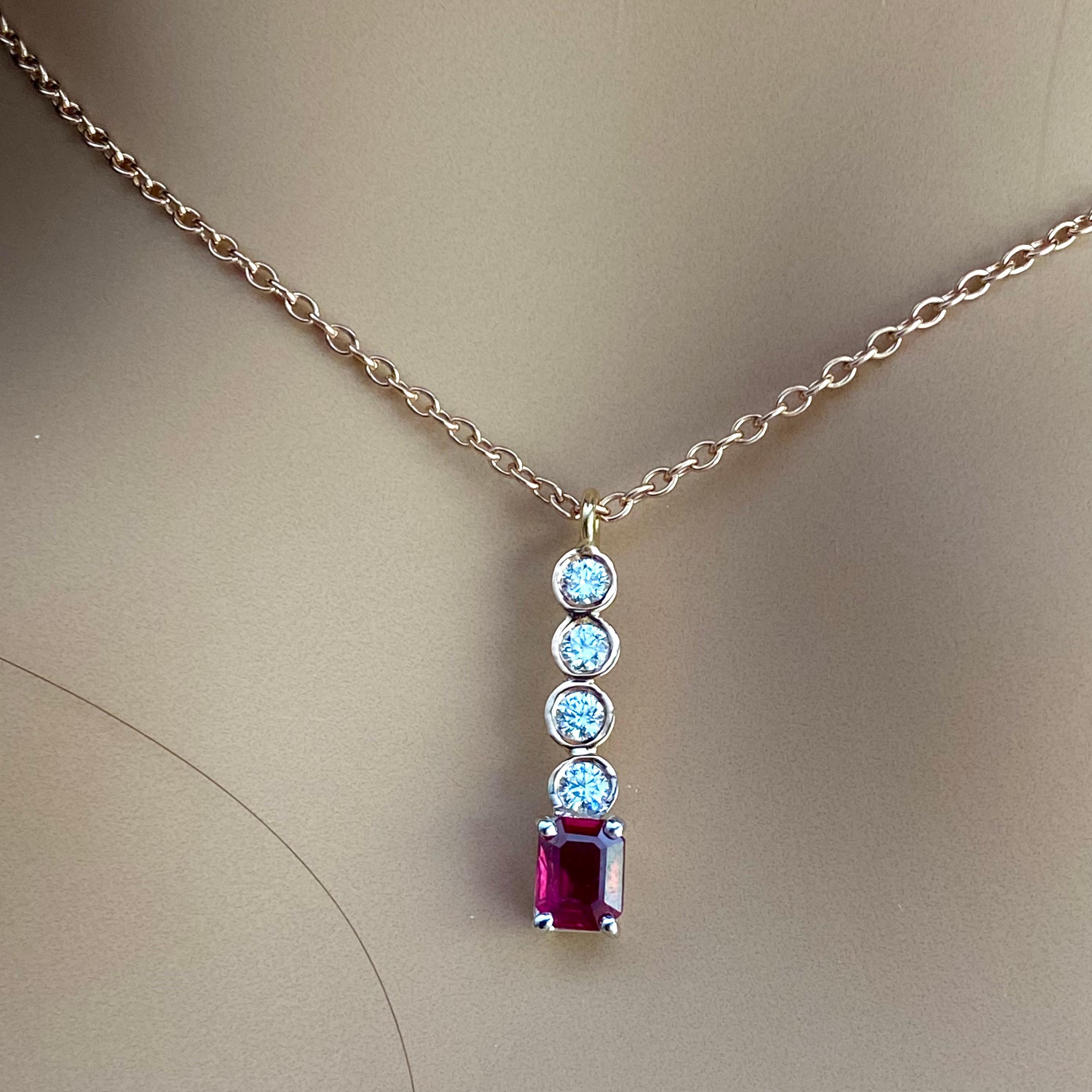 Emerald Shaped Burma Ruby Diamond 0.95 Carat Lariat Rose Gold Necklace Pendant In New Condition For Sale In New York, NY