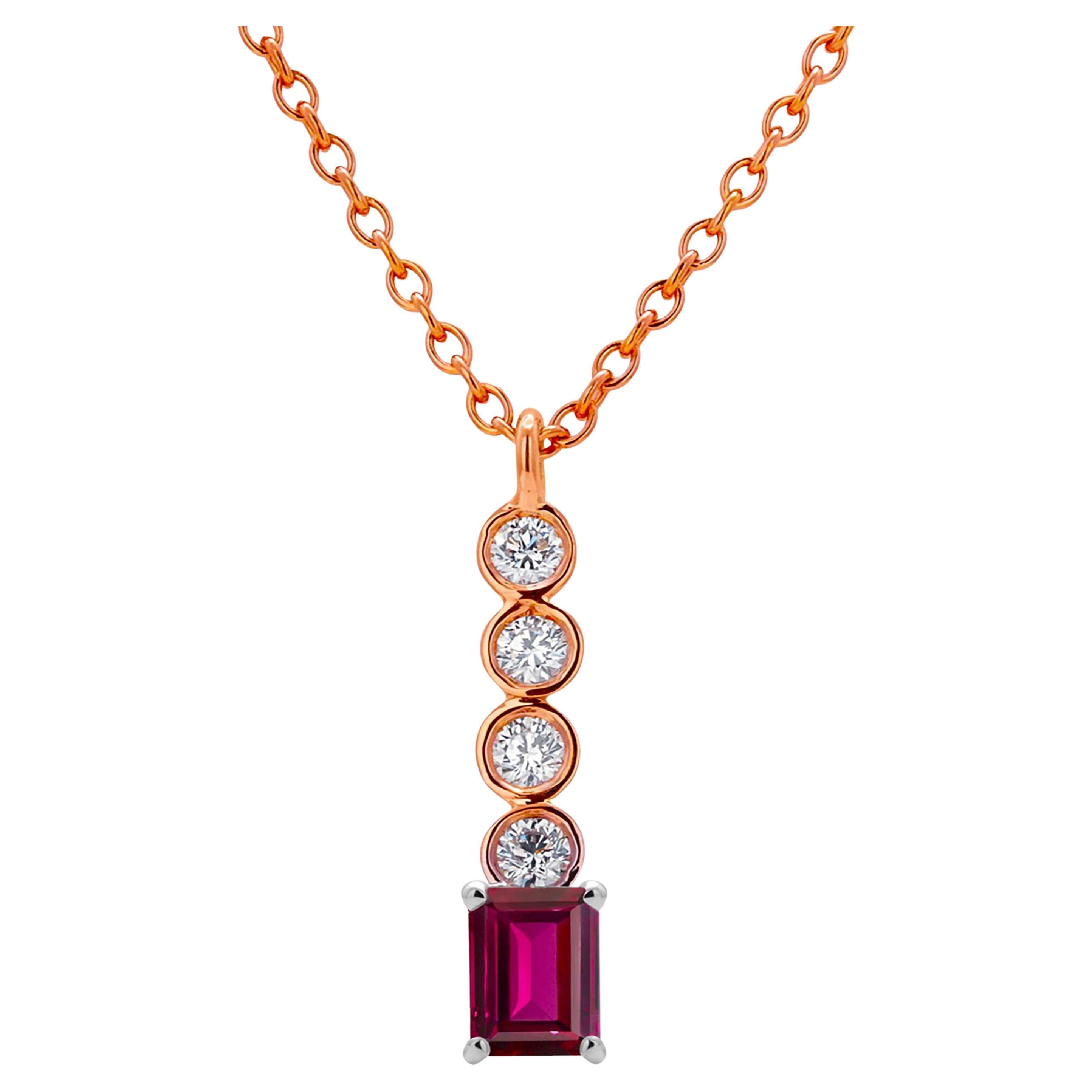 Emerald Shaped Burma Ruby Diamond 0.95 Carat Lariat Rose Gold Necklace Pendant For Sale