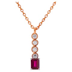 Emerald Shaped Burma Ruby Diamond 0.95 Carat Lariat Rose Gold Necklace Pendant