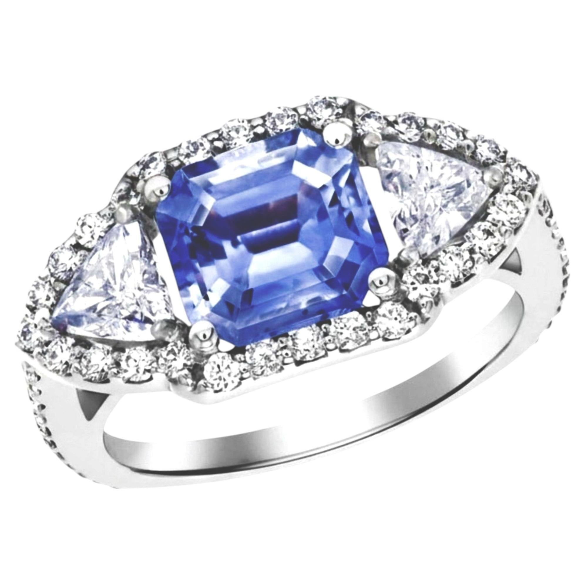 Emerald Shaped Ceylon Sapphire 3.75ct Diamond Cocktail Ring, 18K Gold For Sale