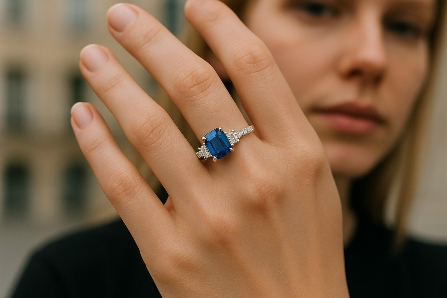 Ti presentiamo il nostro splendido anello da cocktail in oro bianco a 18 carati con diamanti a forma di smeraldo del peso di 0,36 carati e zaffiro di Ceylon a forma di smeraldo del peso di 1,00 carati! Questo squisito gioiello incarna eleganza,