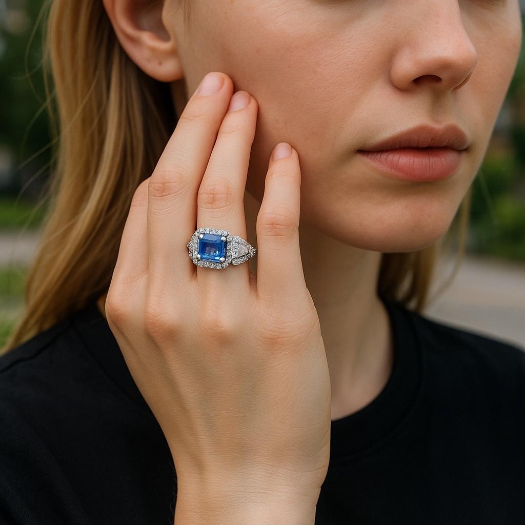 Introducing the exquisite Cocktail Ring with Emerald Shaped Ceylon Sapphire weighing 2.40 carat, Two Trillion Diamond, weighing 0.50 carat, surrounded by pave set diamonds weighing 0.85 carat, ring size 6, a true masterpiece of elegance and luxury.