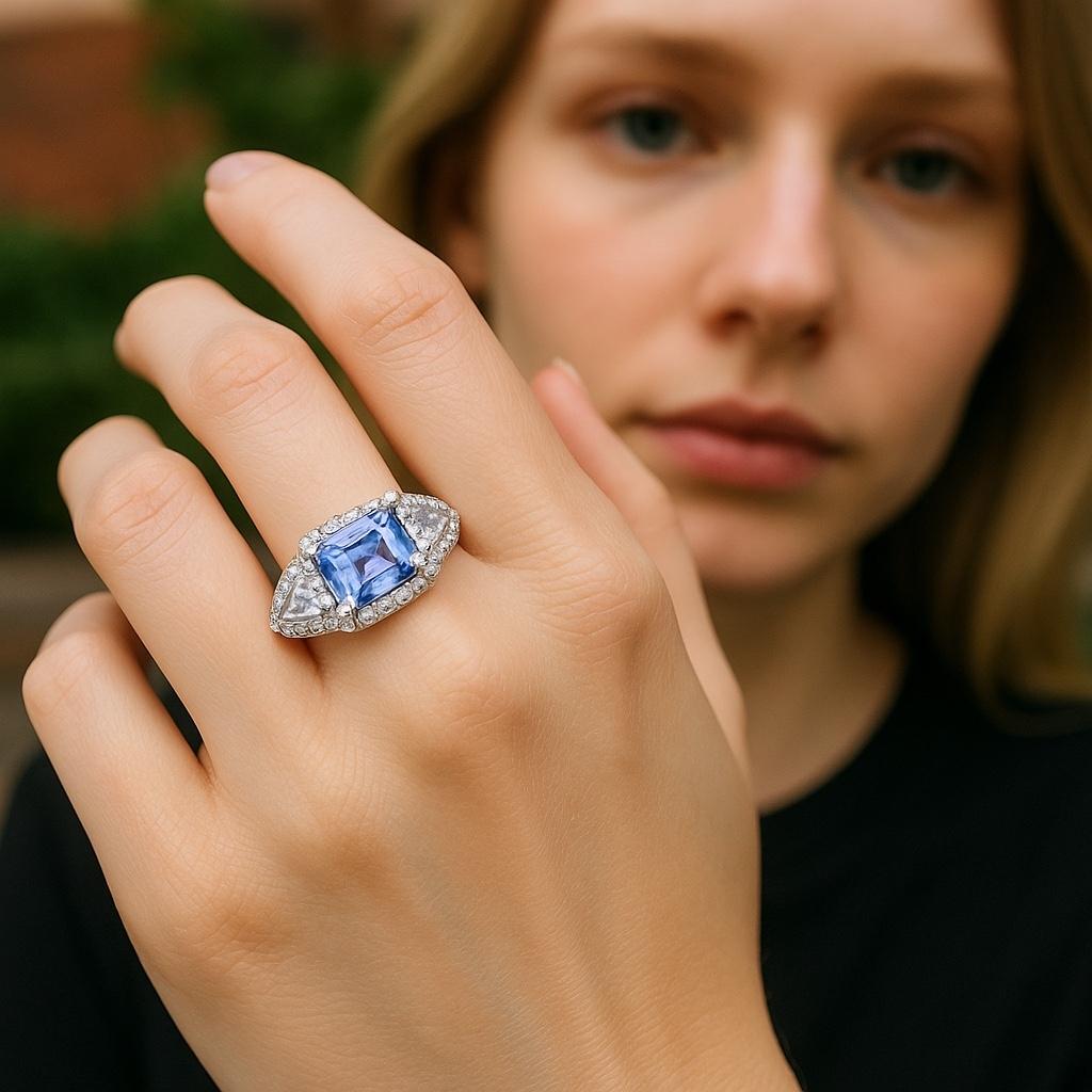 Emerald Shaped Ceylon Sapphire Diamond 3.75 Carat 18 Karat Gold Cocktail Ring In New Condition For Sale In New York, NY