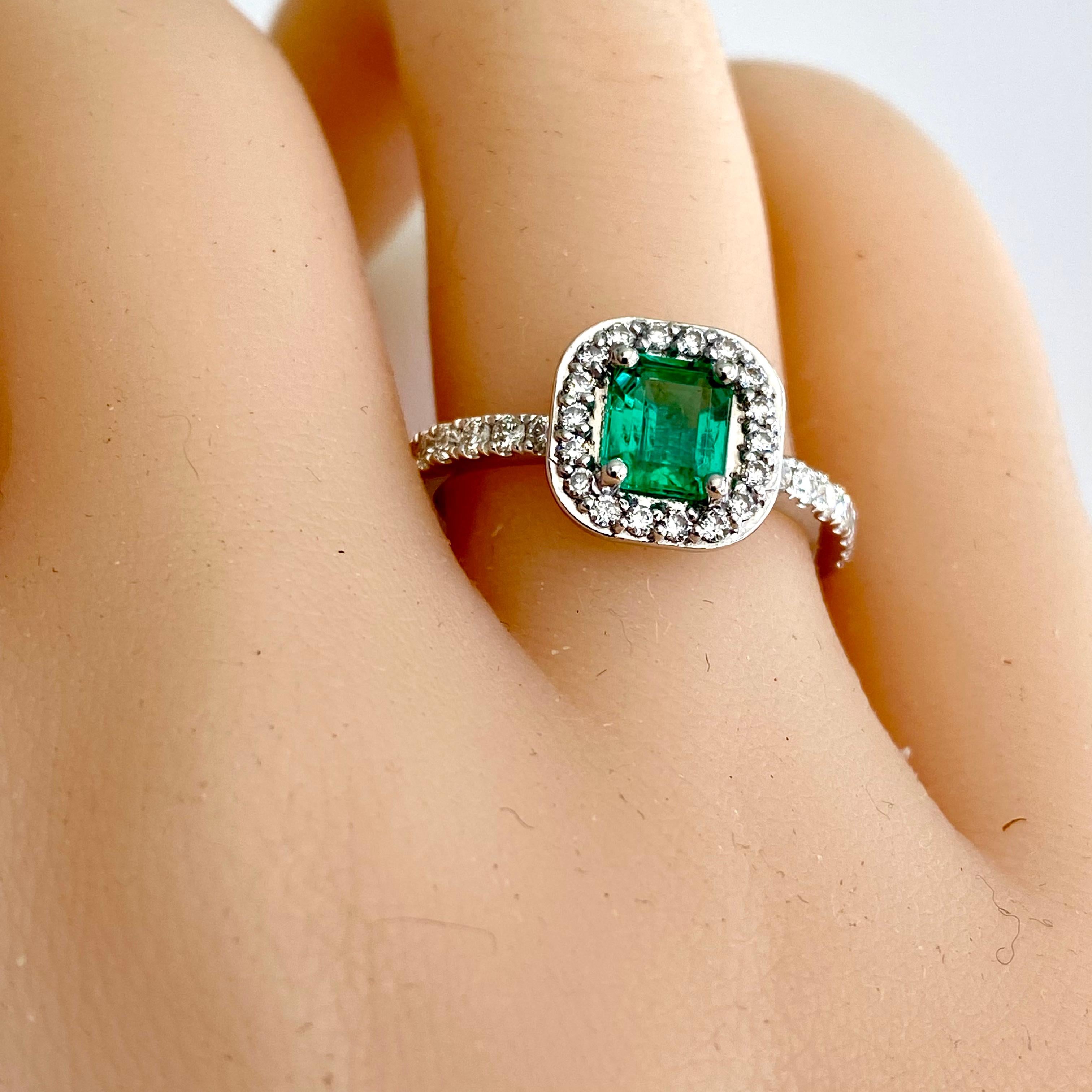 Contemporary Emerald Shaped Emerald Diamond 1.85 Carat Platinum Halo 0.41 Inch Wide Ring For Sale