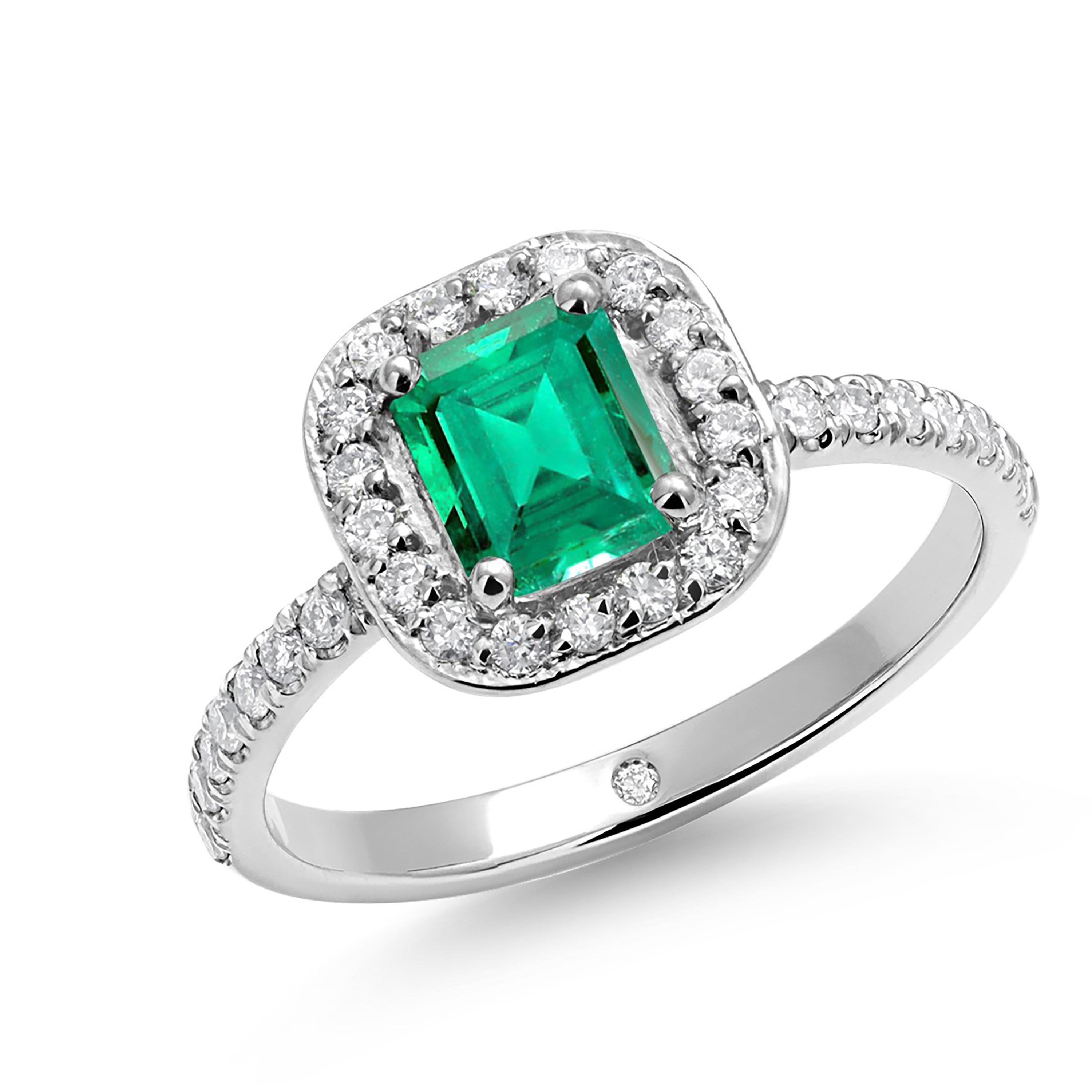 Emerald Cut Emerald Shaped Emerald Diamond 1.85 Carat Platinum Halo 0.41 Inch Wide Ring For Sale
