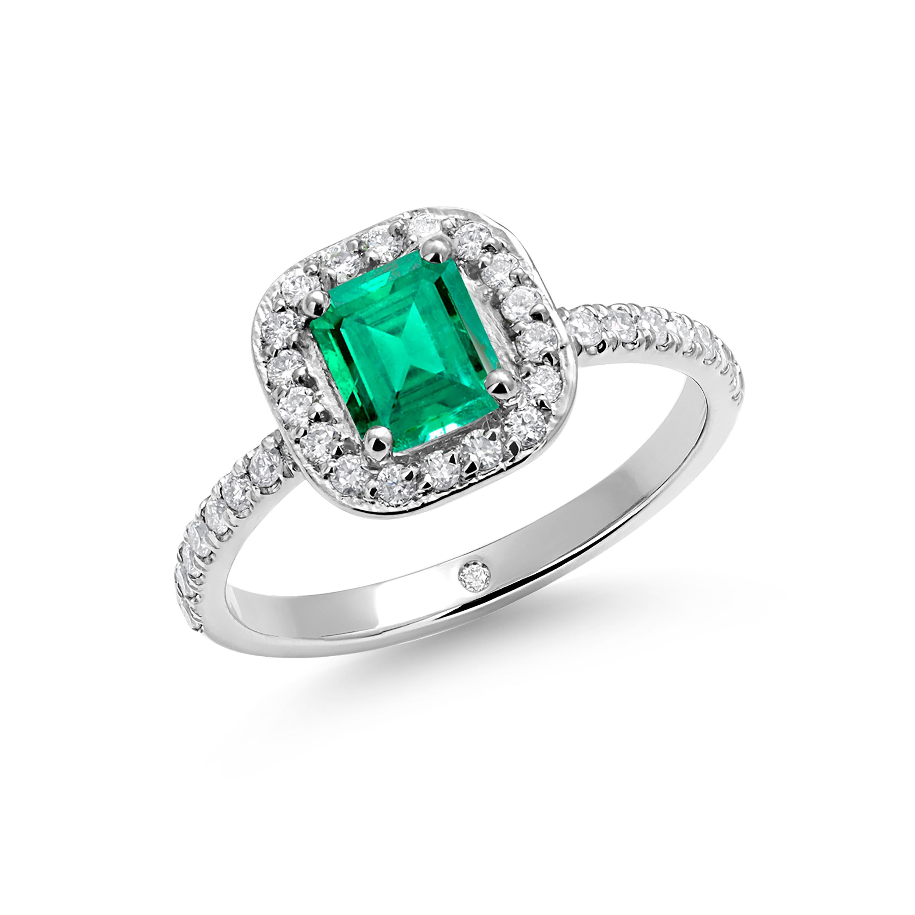 Emerald Shaped Emerald Diamond 1.85 Carat Platinum Halo 0.41 Inch Wide Ring For Sale 1