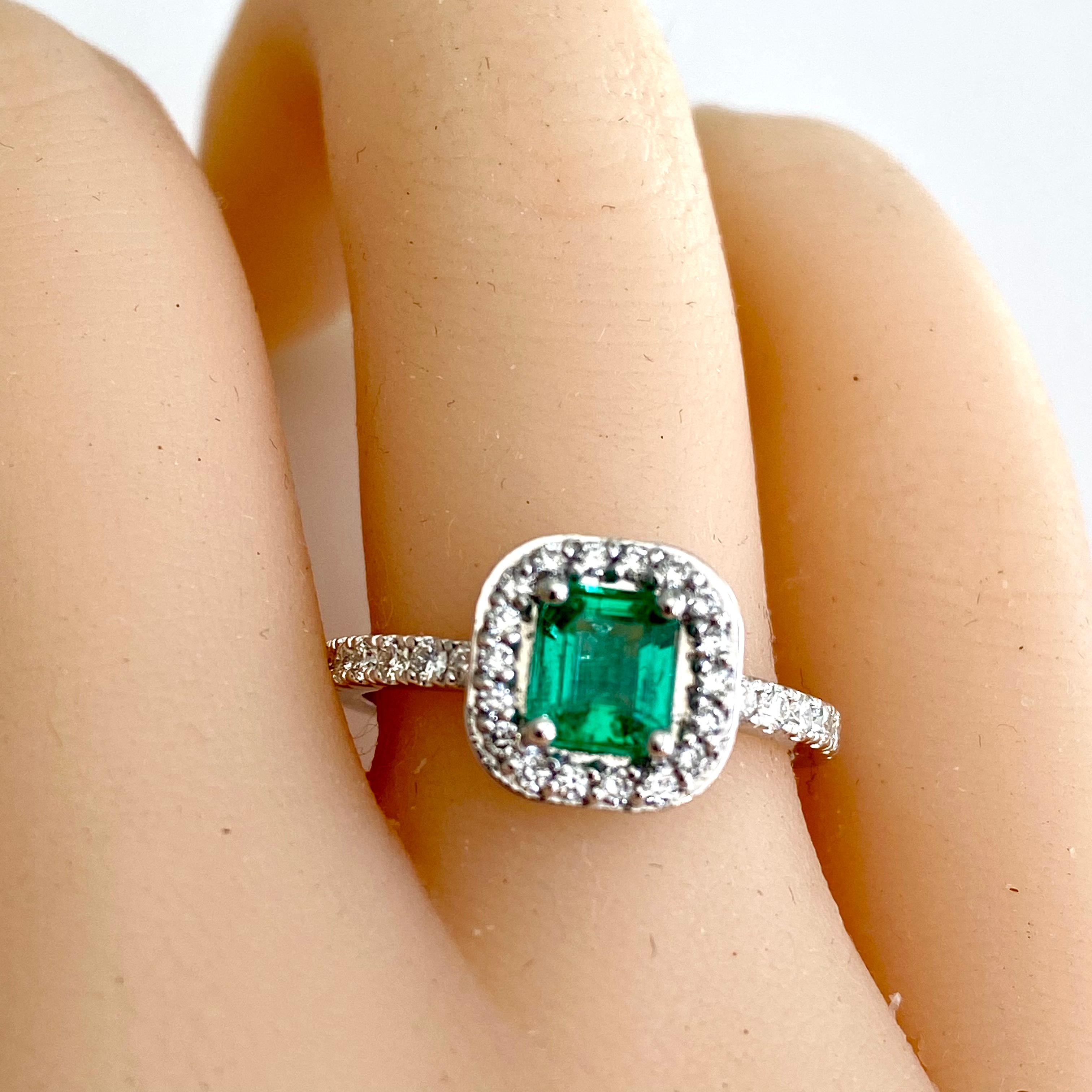 Emerald Shaped Emerald Diamond 1.85 Carat Platinum Halo 0.41 Inch Wide Ring For Sale 2