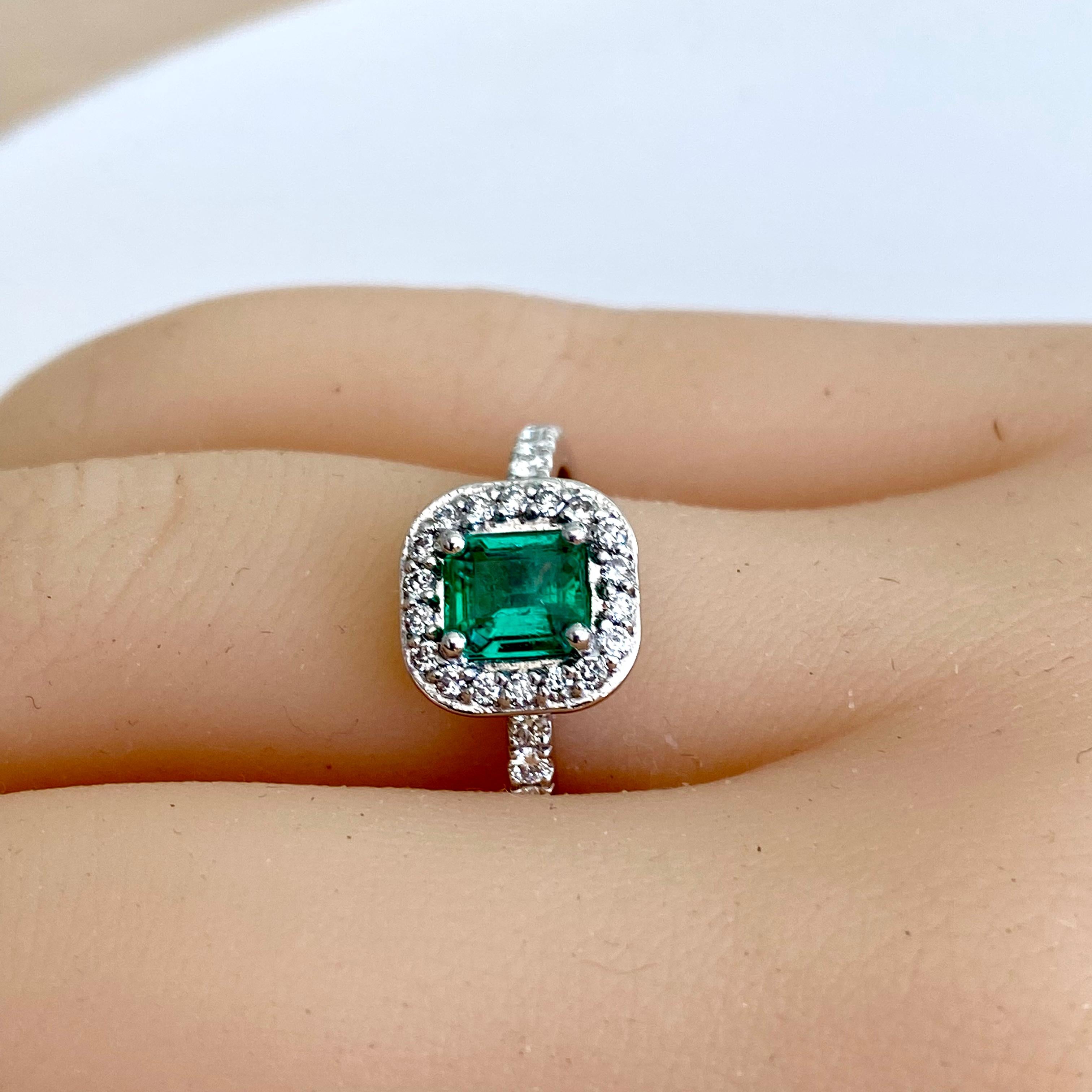 Emerald Shaped Emerald Diamond 1.85 Carat Platinum Halo 0.41 Inch Wide Ring For Sale 3