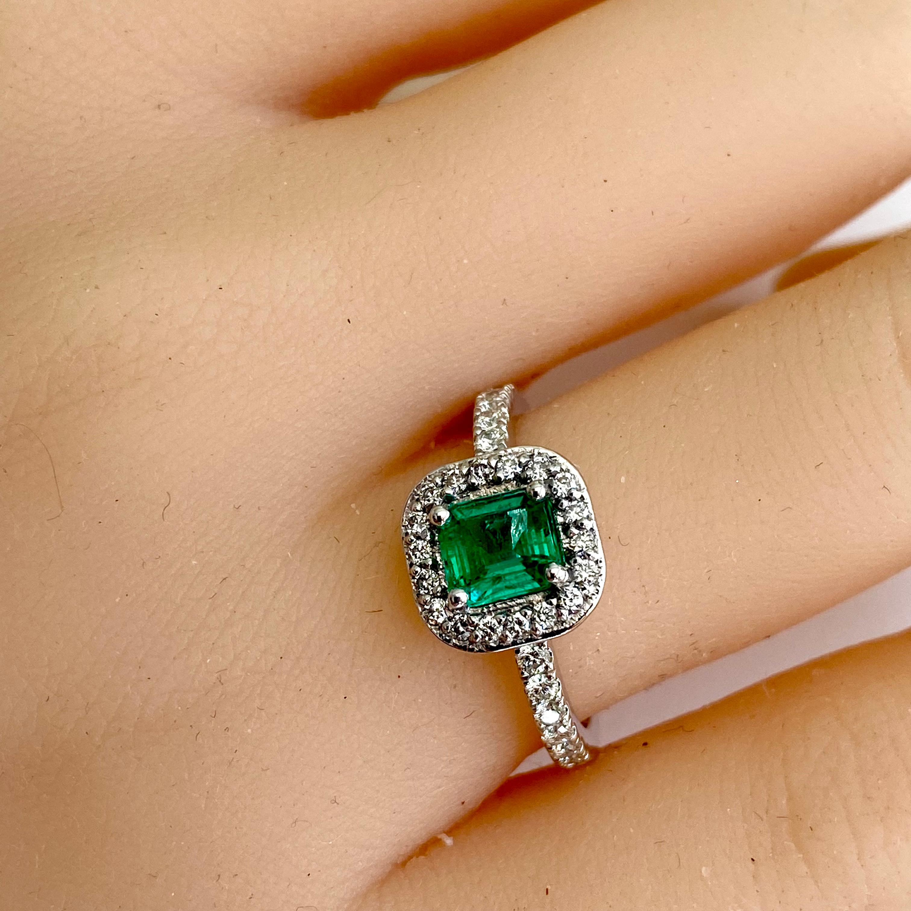 Emerald Shaped Emerald Diamond 1.85 Carat Platinum Halo 0.41 Inch Wide Ring For Sale 4