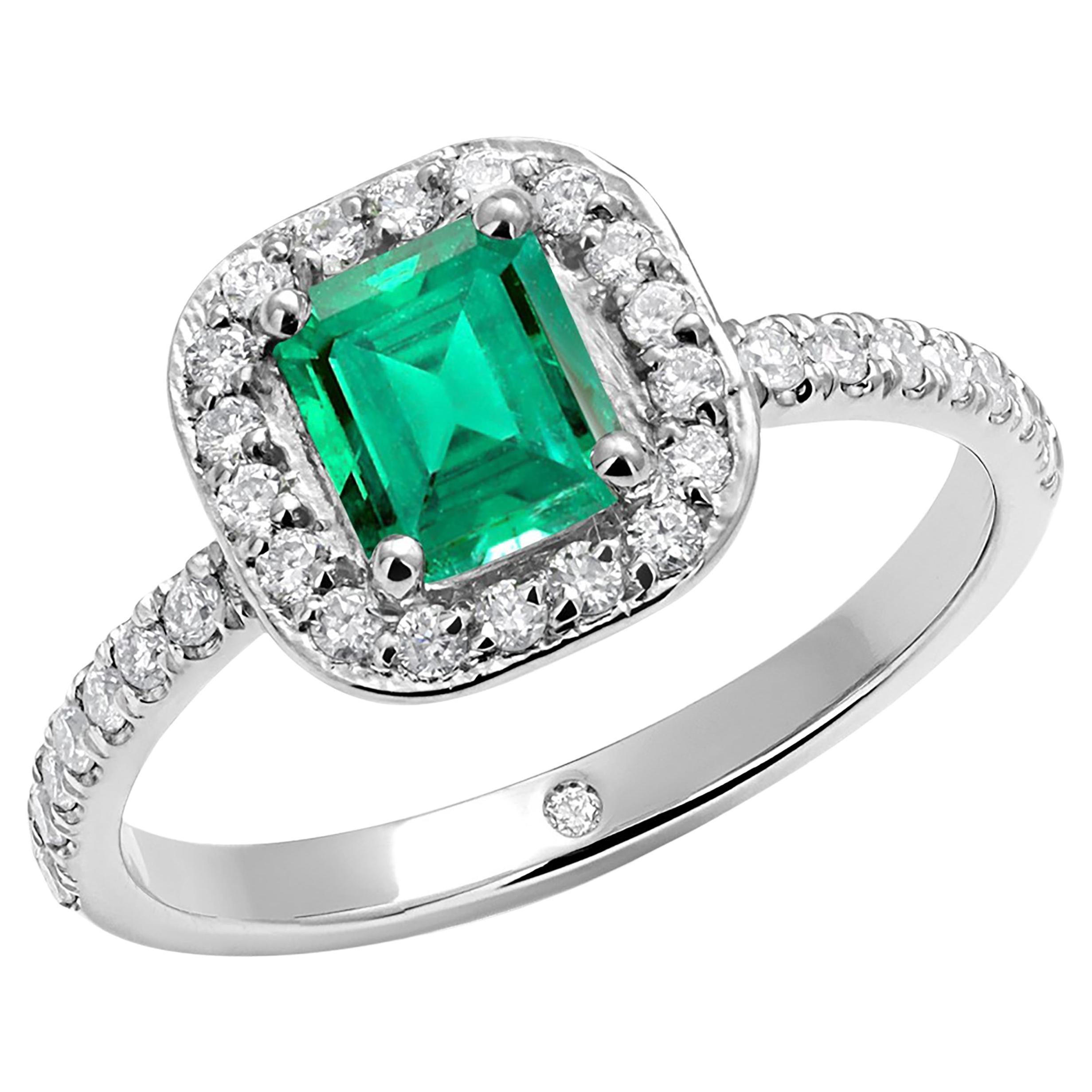 Emerald Shaped Emerald Diamond 1.85 Carat Platinum Halo 0.41 Inch Wide Ring For Sale