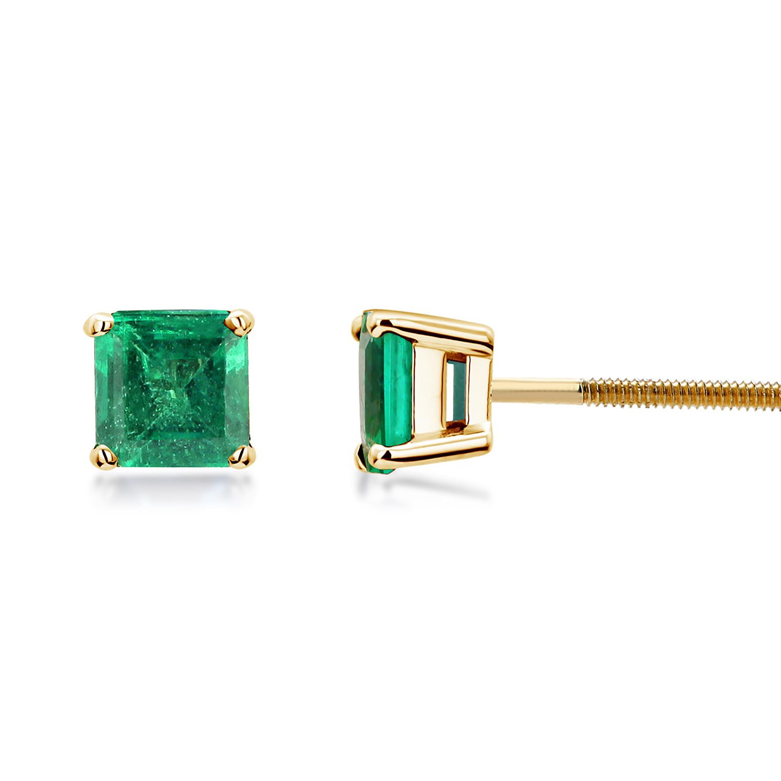 Emerald Cut Emerald Shaped Colombia Emerald Yellow Gold Screw Back Stud Earrings