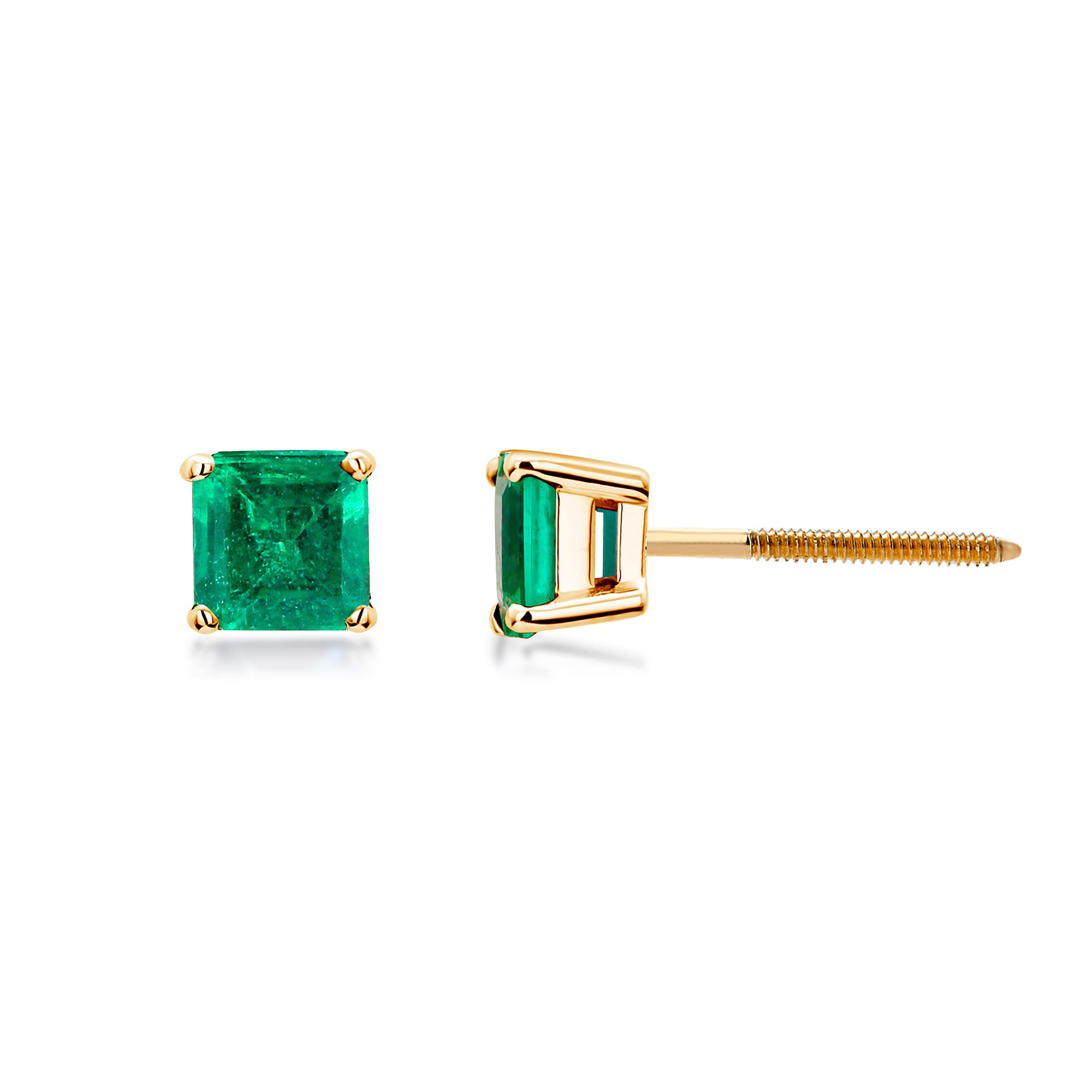 Women's or Men's Emerald Shaped Colombia Emerald Yellow Gold Screw Back Stud Earrings
