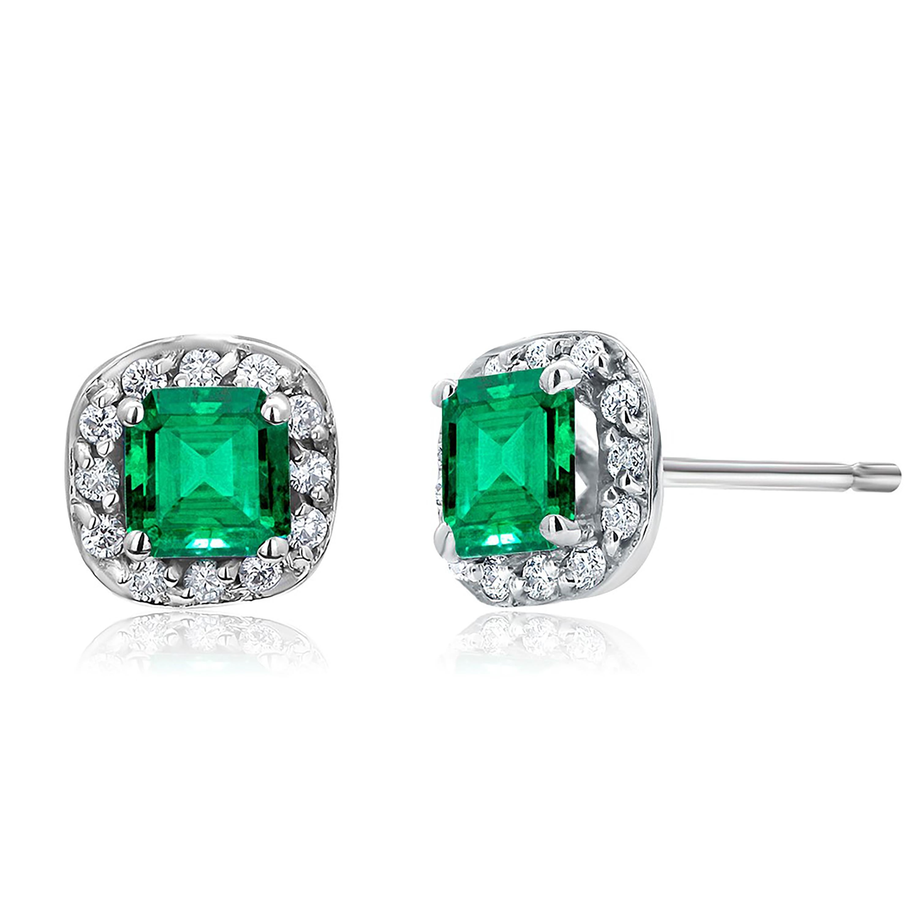 Women's or Men's Emerald Shaped Emerald Diamond 1.05 Carat White Gold 0.32 Inch Halo Earrings