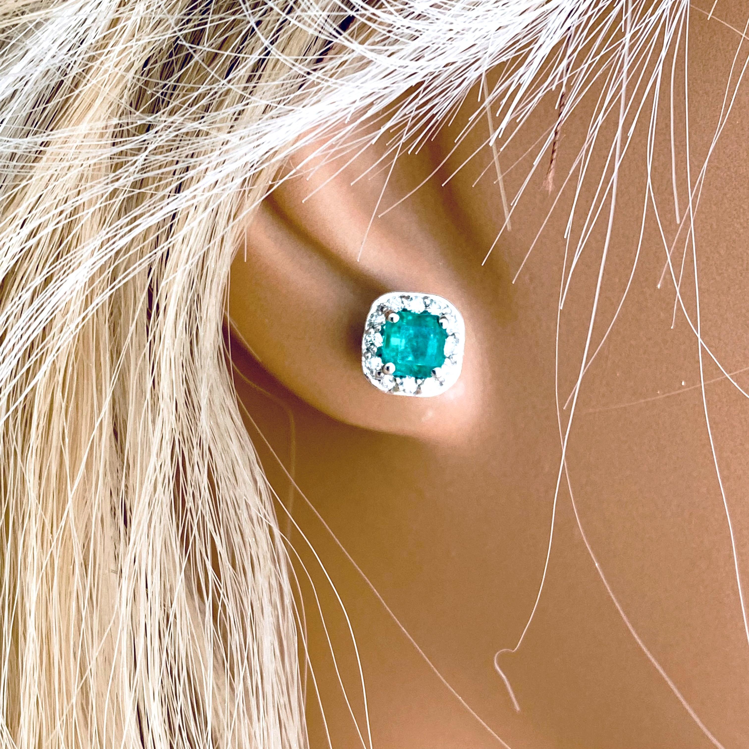Emerald Shaped Emerald Diamond 1.05 Carat White Gold 0.32 Inch Halo Earrings 1