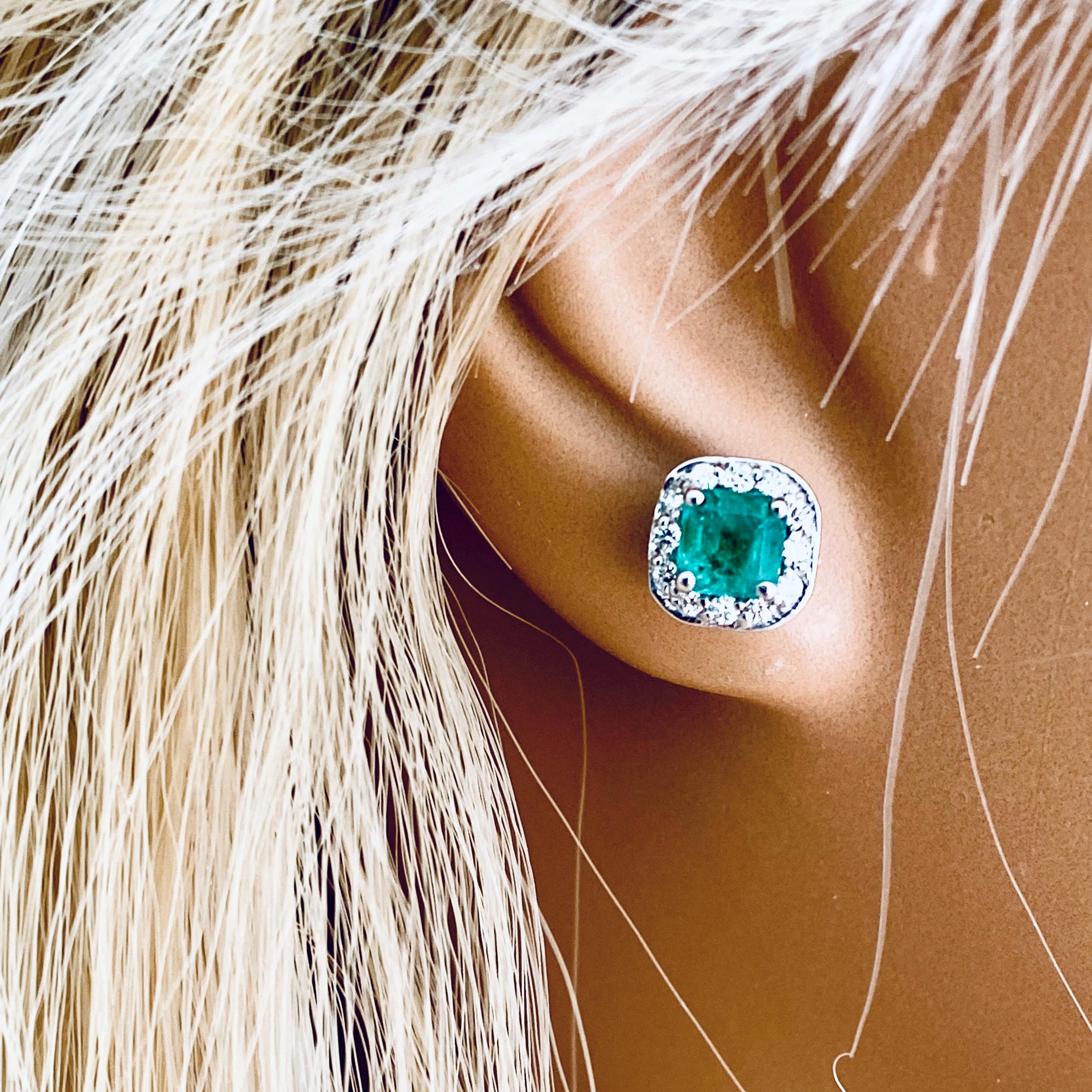 Emerald Shaped Emerald Diamond 1.05 Carat White Gold 0.32 Inch Halo Earrings 3