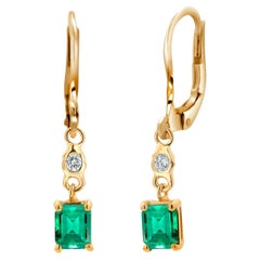 Emerald Shaped Emerald and Diamond Yellow Gold Lever Back Earrings