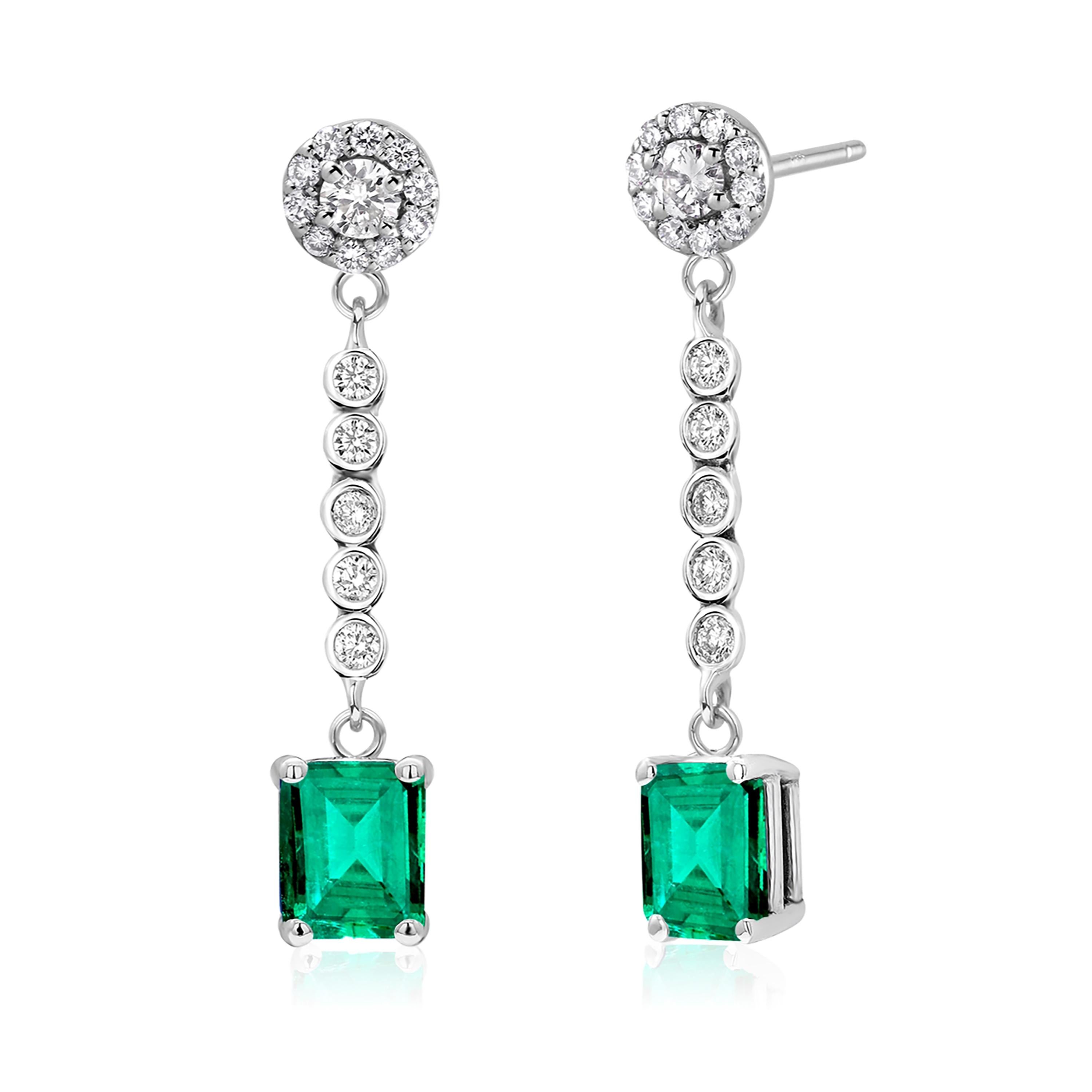 Emerald Cut Emerald Shaped Emerald and Halo Diamond Cluster White Gold Drop Earrings 