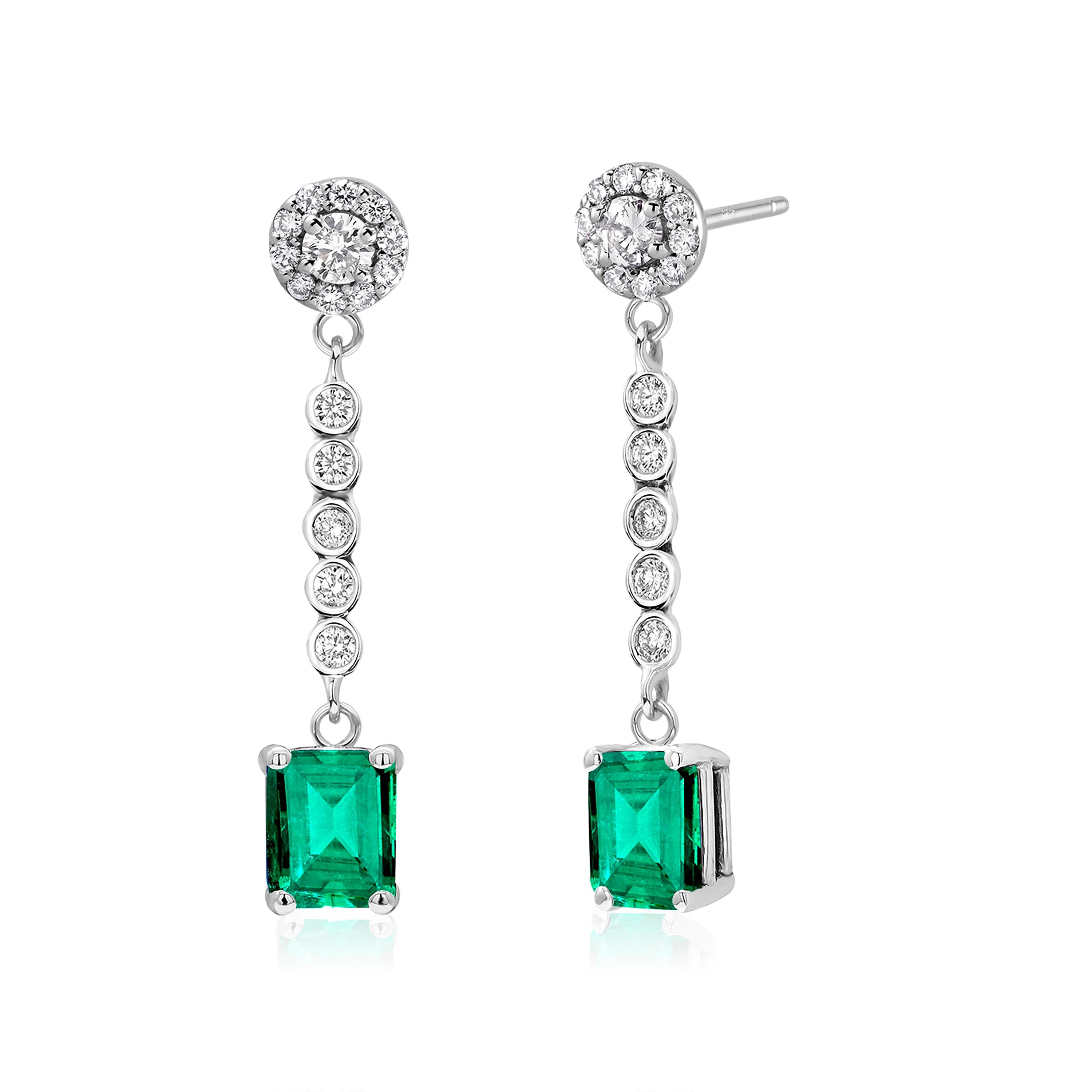 Women's or Men's Emerald Shaped Emerald and Halo Diamond Cluster White Gold Drop Earrings 