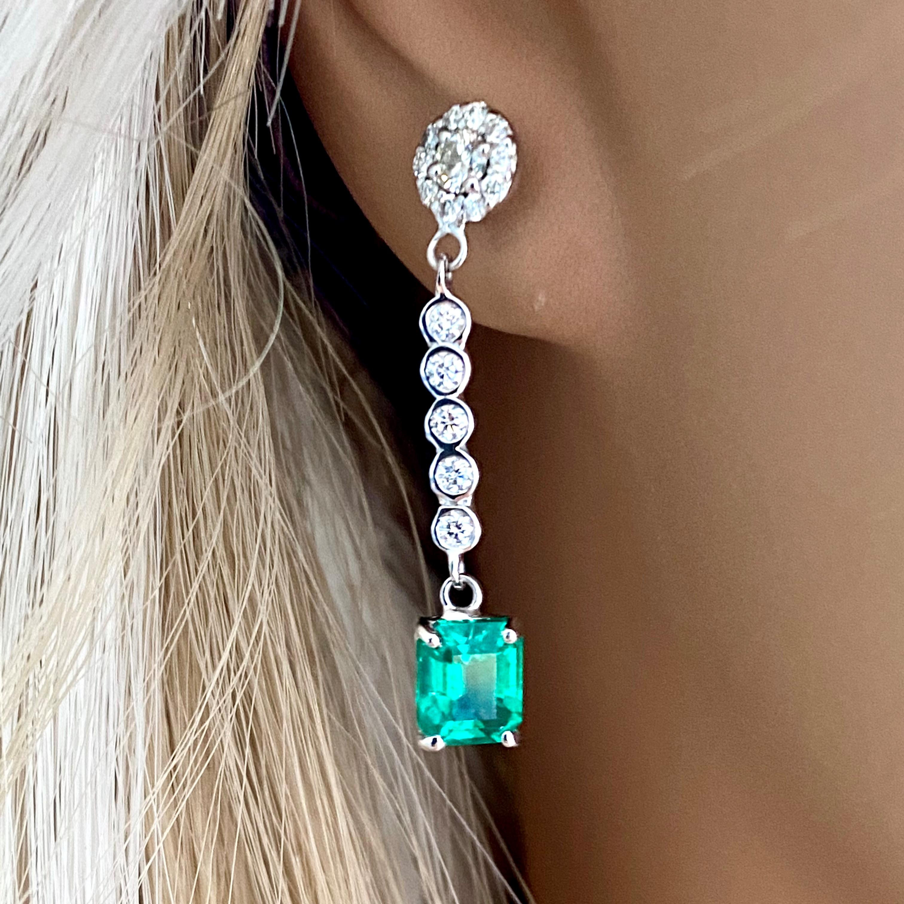 Emerald Shaped Emerald and Halo Diamond Cluster White Gold Drop Earrings  1