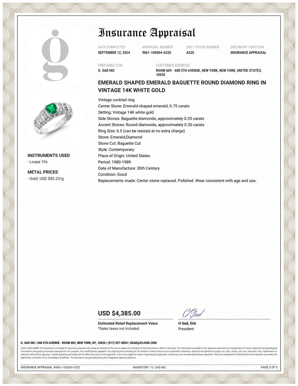 Contemporary Emerald Shaped Emerald Baguette Round Diamond Ring in Vintage 14K White Gold For Sale