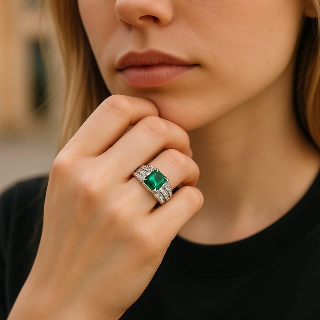 Concediti un'eleganza senza tempo con questo squisito anello da cocktail, caratterizzato da uno splendido smeraldo a forma di smeraldo del peso di 0,75 carati. Incastonato in un lussuoso oro bianco da 14 carati, questo pezzo di ispirazione vintage è