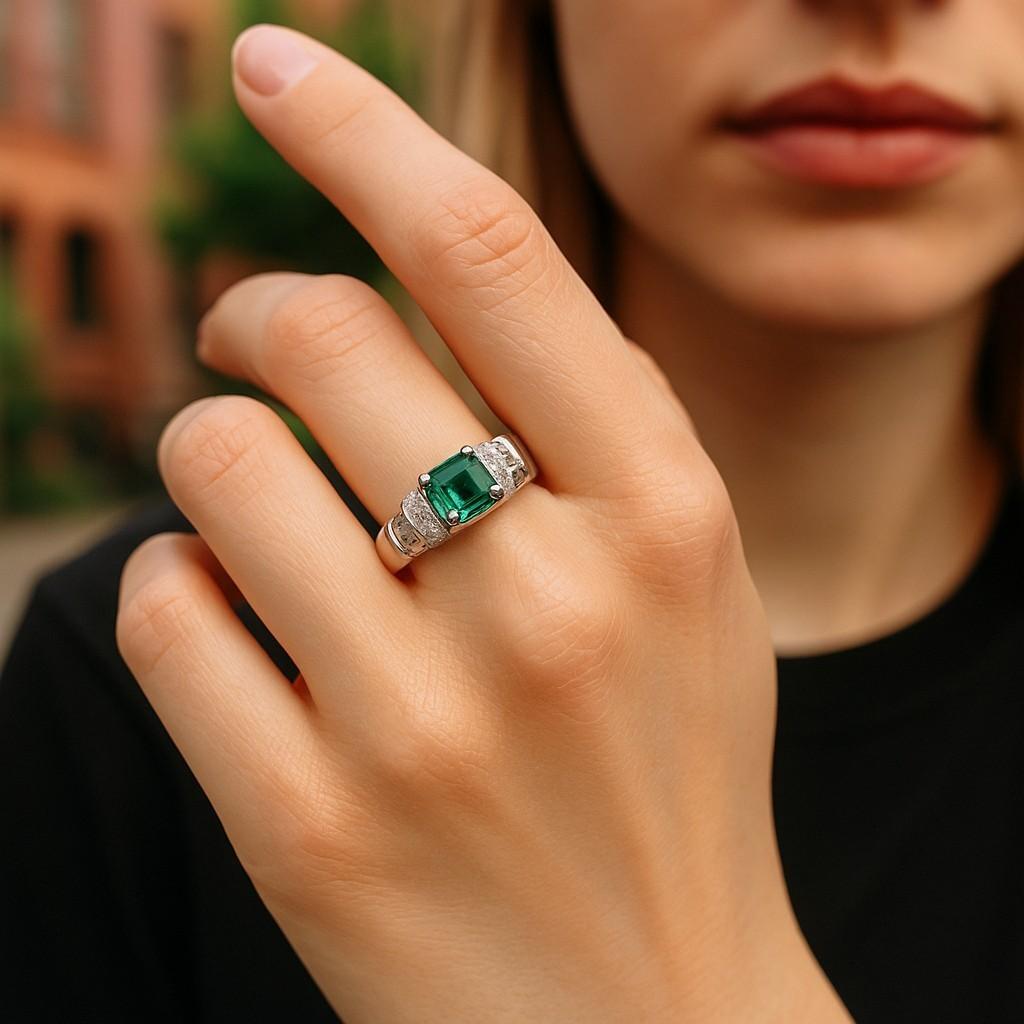 Indulge in timeless elegance with this exquisite cocktail ring, featuring a stunning emerald-shaped emerald weighing 0.75 carats. Set in luxurious 14 karat white gold, this vintage-inspired piece is adorned with sparkling baguette and round