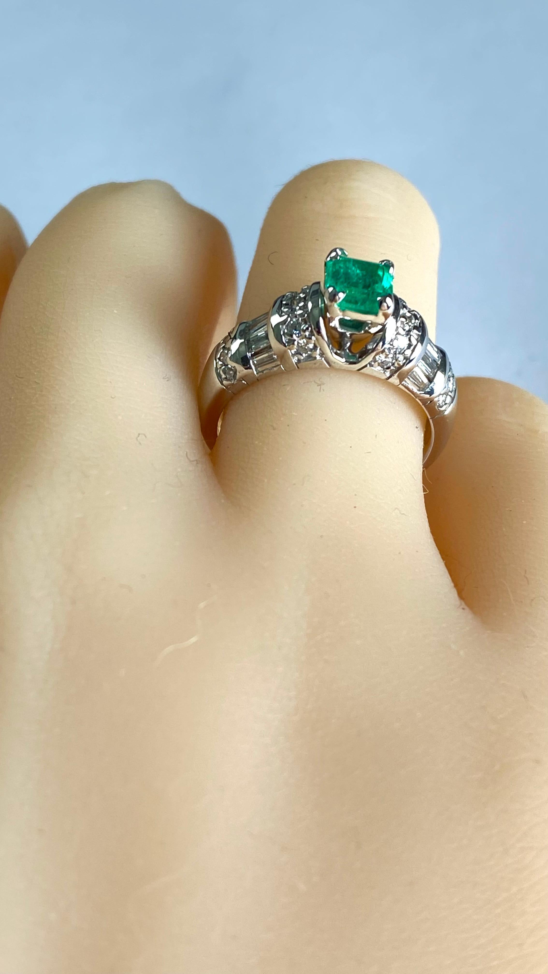 Women's Emerald Shaped Emerald Baguette Round Diamond Ring in Vintage 14K White Gold For Sale