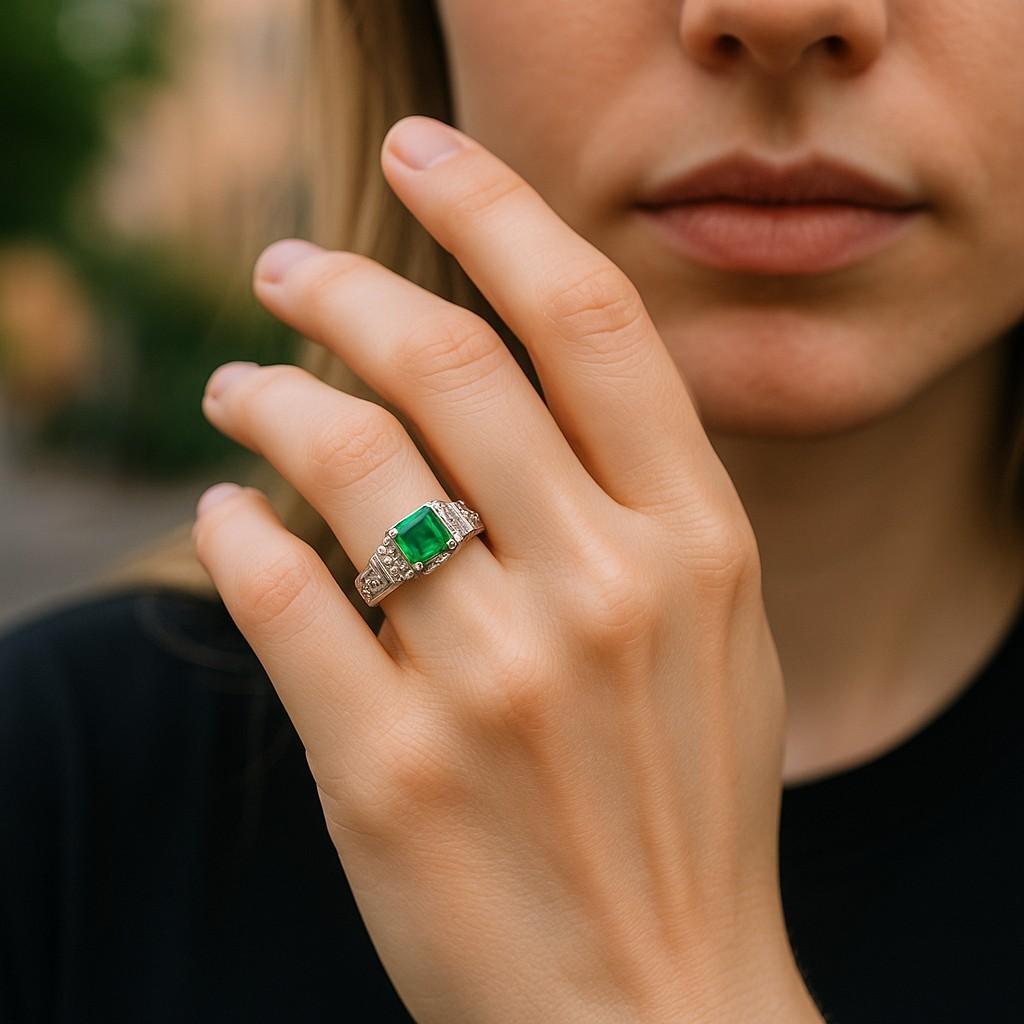 Emerald Cut Emerald Shaped Emerald Baguette Round Diamond Ring in Vintage 14K White Gold For Sale