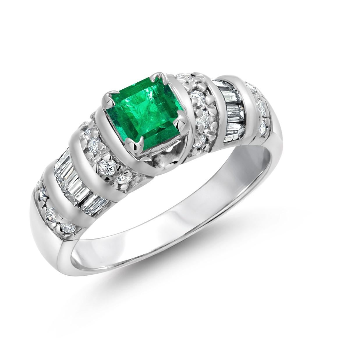 Emerald Shaped Emerald Baguette Round Diamond Ring in Vintage 14K White Gold For Sale 2
