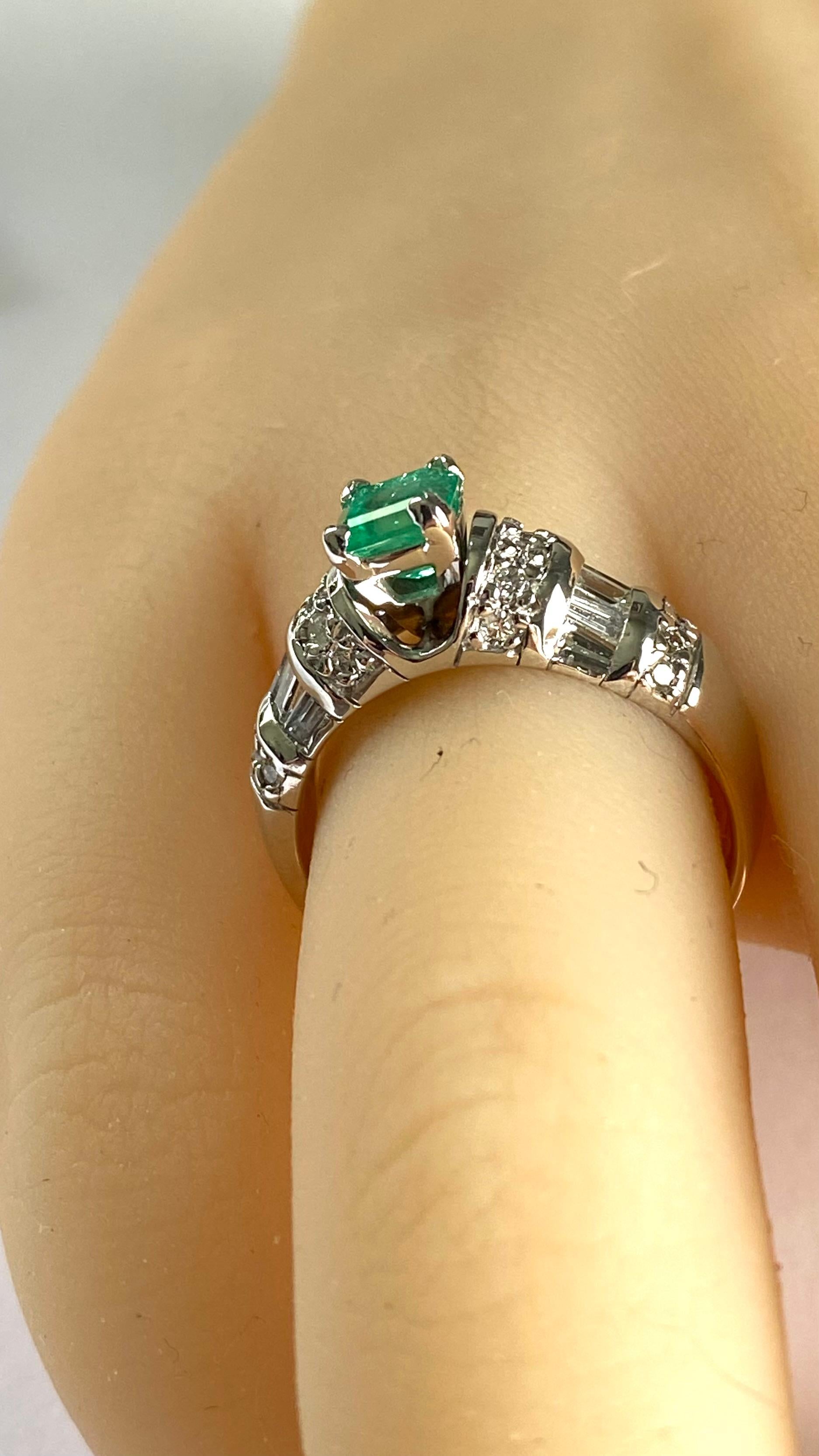 Emerald Shaped Emerald Baguette Round Diamond Ring in Vintage 14K White Gold For Sale 4