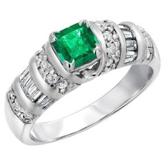 Emerald Shaped Emerald Baguette Round Diamond Ring in Vintage 14K White Gold