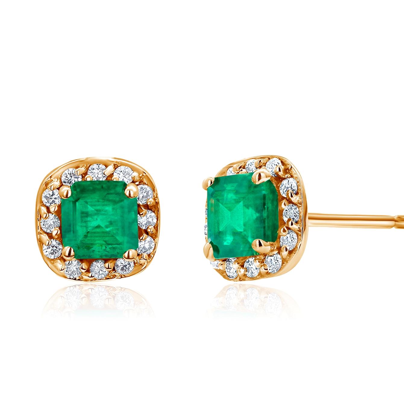 Women's or Men's Emerald Shaped Emerald Diamond 1.00 Carat Halo Yellow Gold 0.32 Inch Earrings