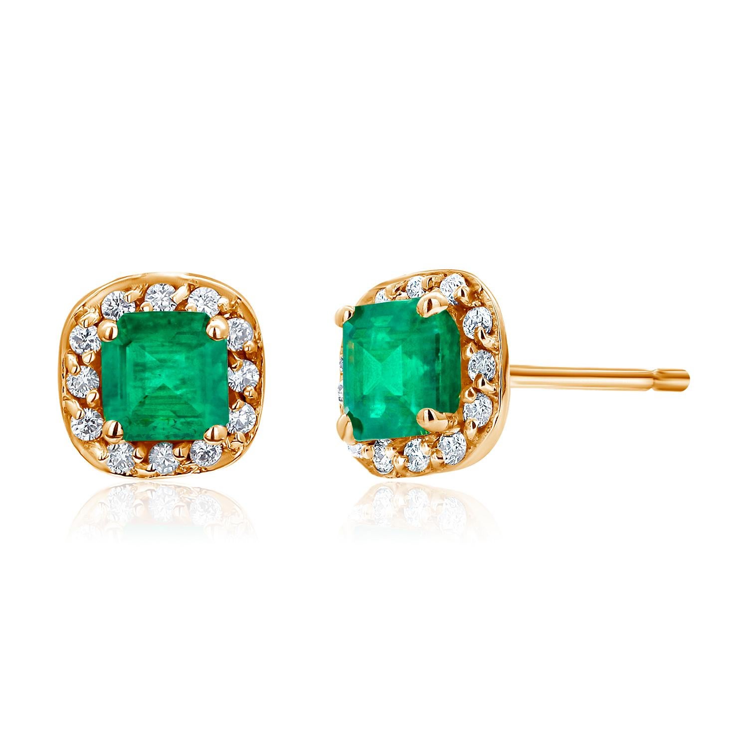 Emerald Shaped Emerald Diamond 1.00 Carat Halo Yellow Gold 0.32 Inch Earrings 2
