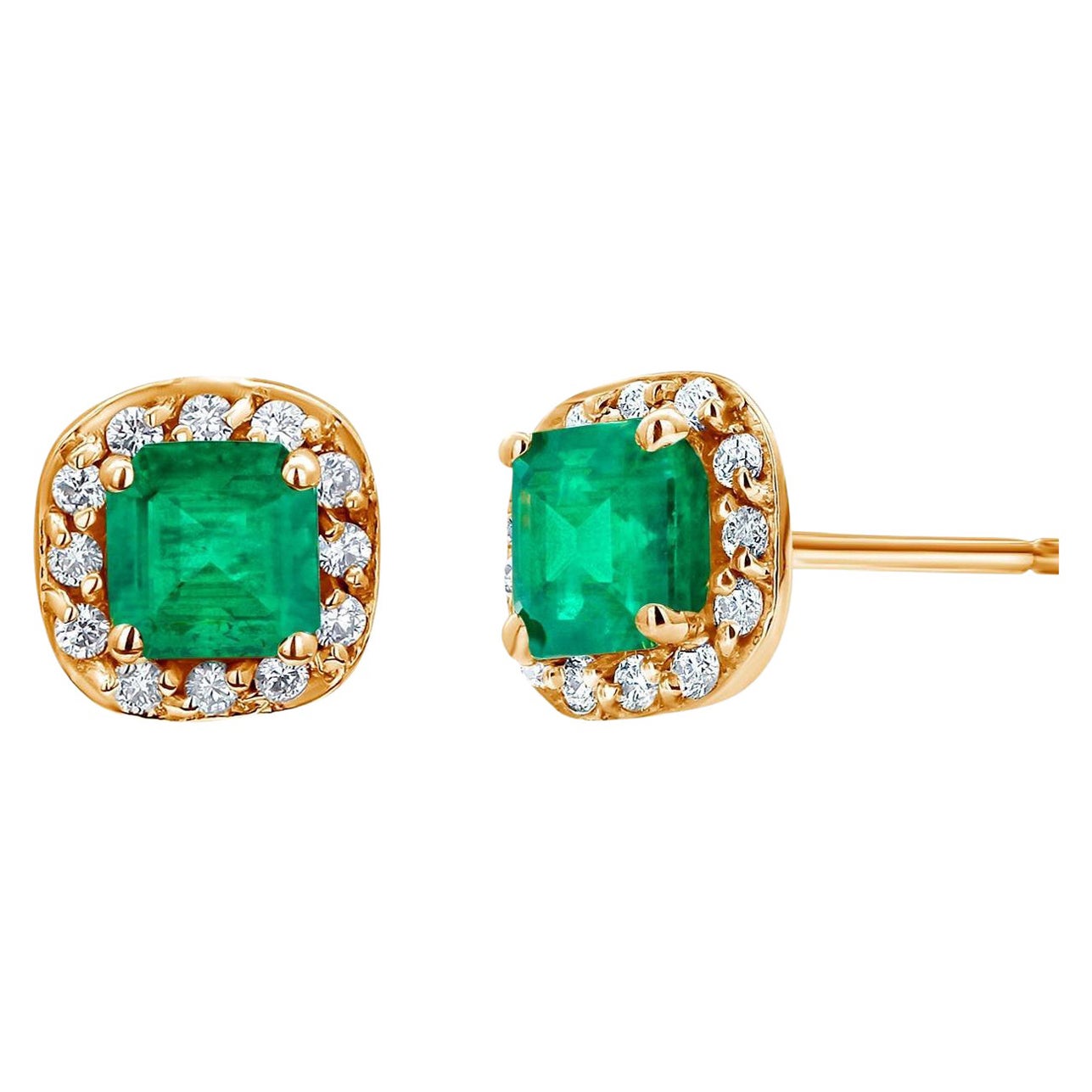 Emerald Shaped Emerald Diamond 1.00 Carat Halo Yellow Gold 0.32 Inch Earrings
