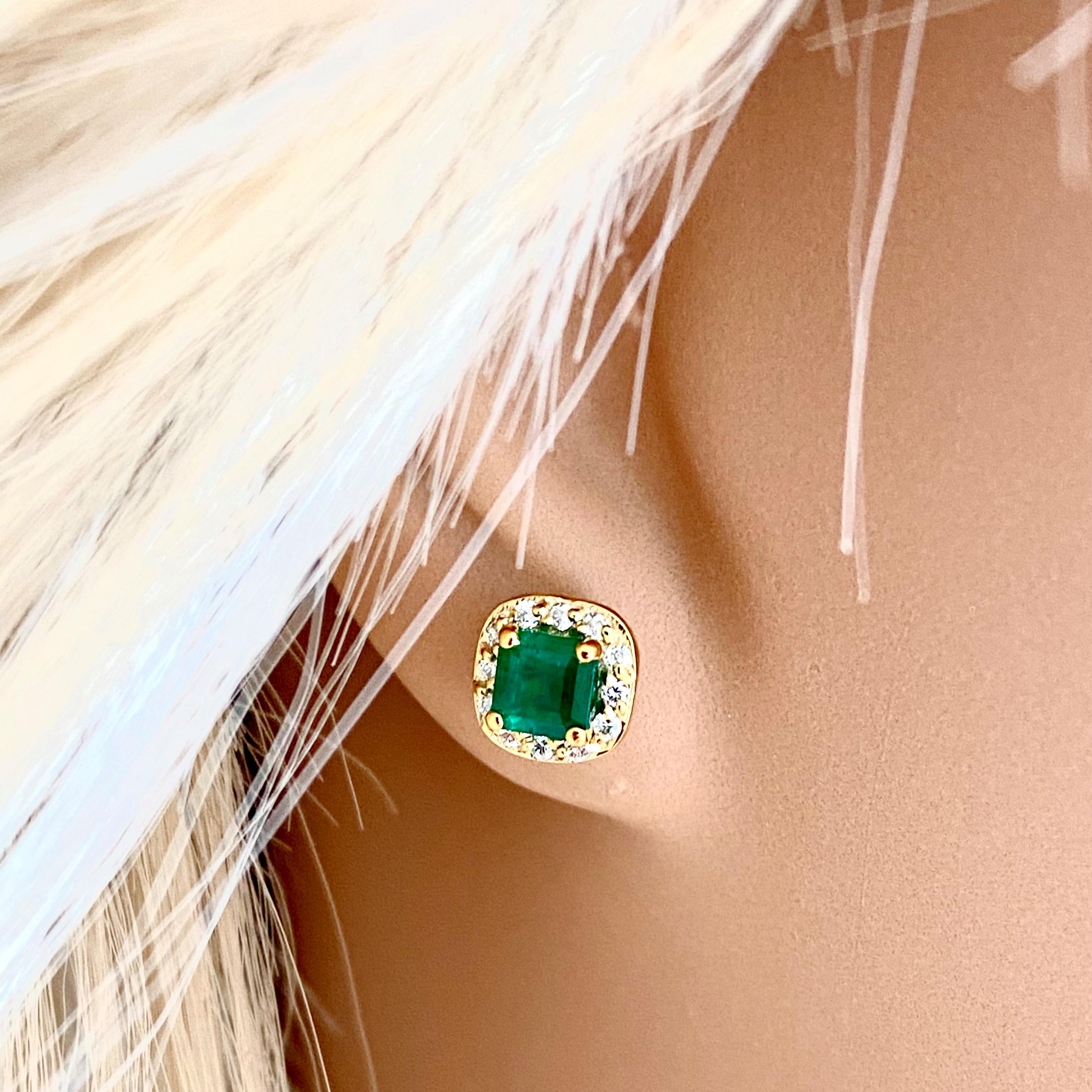 Contemporary Emerald Shaped Emerald Diamond 1.20 Carat Halo Yellow Gold 0.35 Inch Earrings For Sale