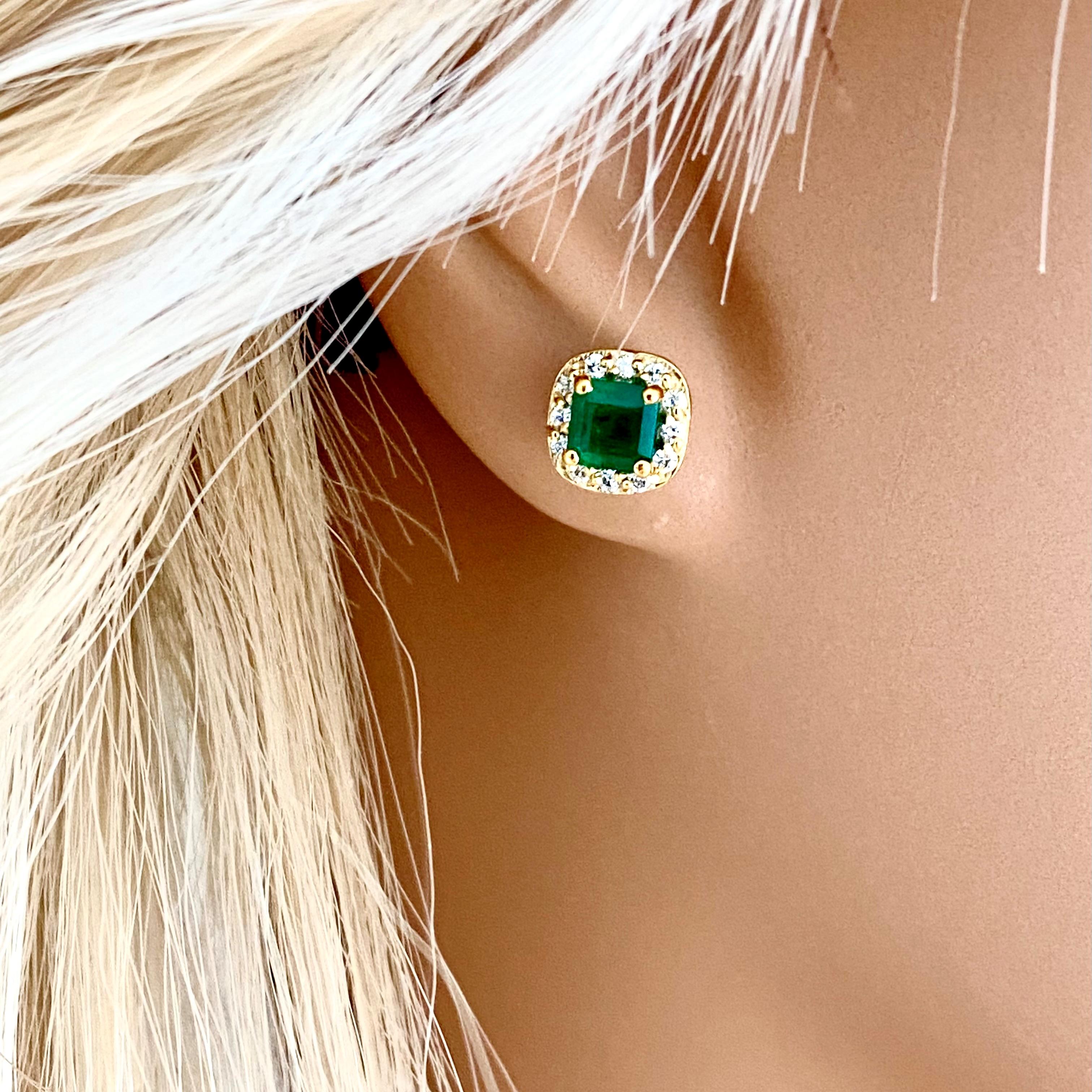 Emerald Shaped Emerald Diamond 1.20 Carat Halo Yellow Gold 0.35 Inch Earrings In New Condition For Sale In New York, NY