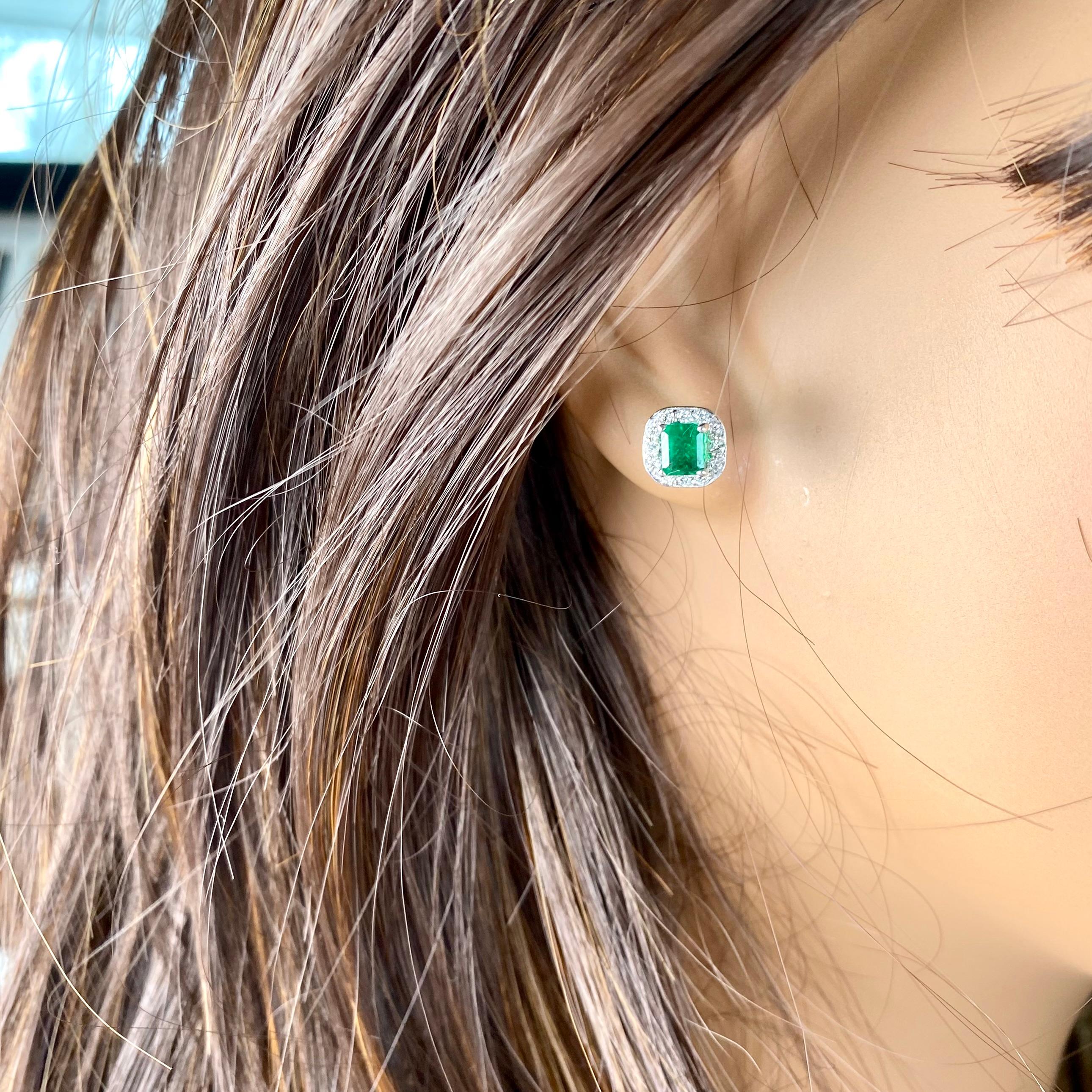 Emerald Cut Emerald Shaped Emerald Diamond 1.30 Carat Halo White Gold 0.32 Inch Earrings For Sale