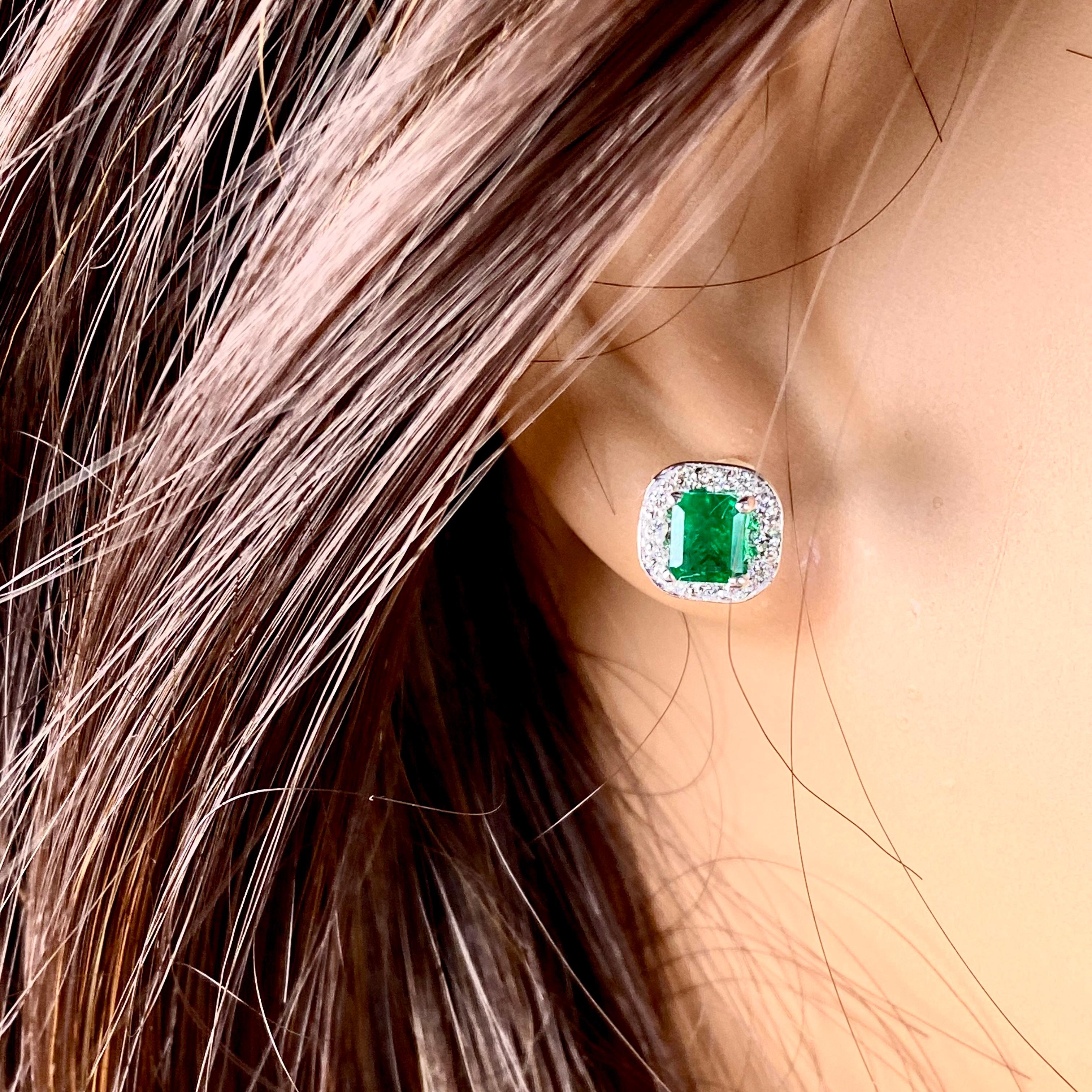 Emerald Shaped Emerald Diamond 1.30 Carat Halo White Gold 0.32 Inch Earrings In New Condition For Sale In New York, NY