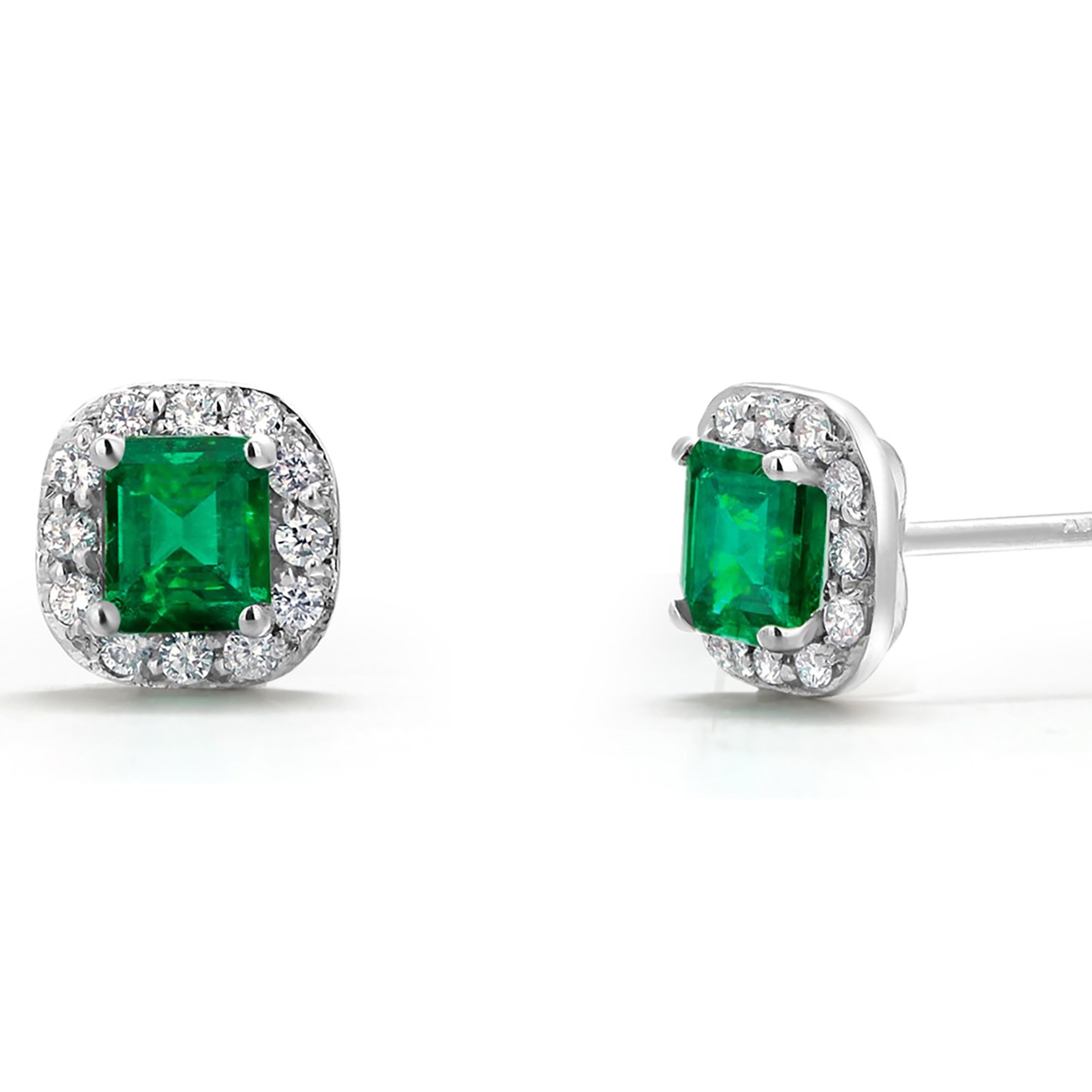 Women's Emerald Shaped Emerald Diamond 1.30 Carat Halo White Gold 0.32 Inch Earrings For Sale