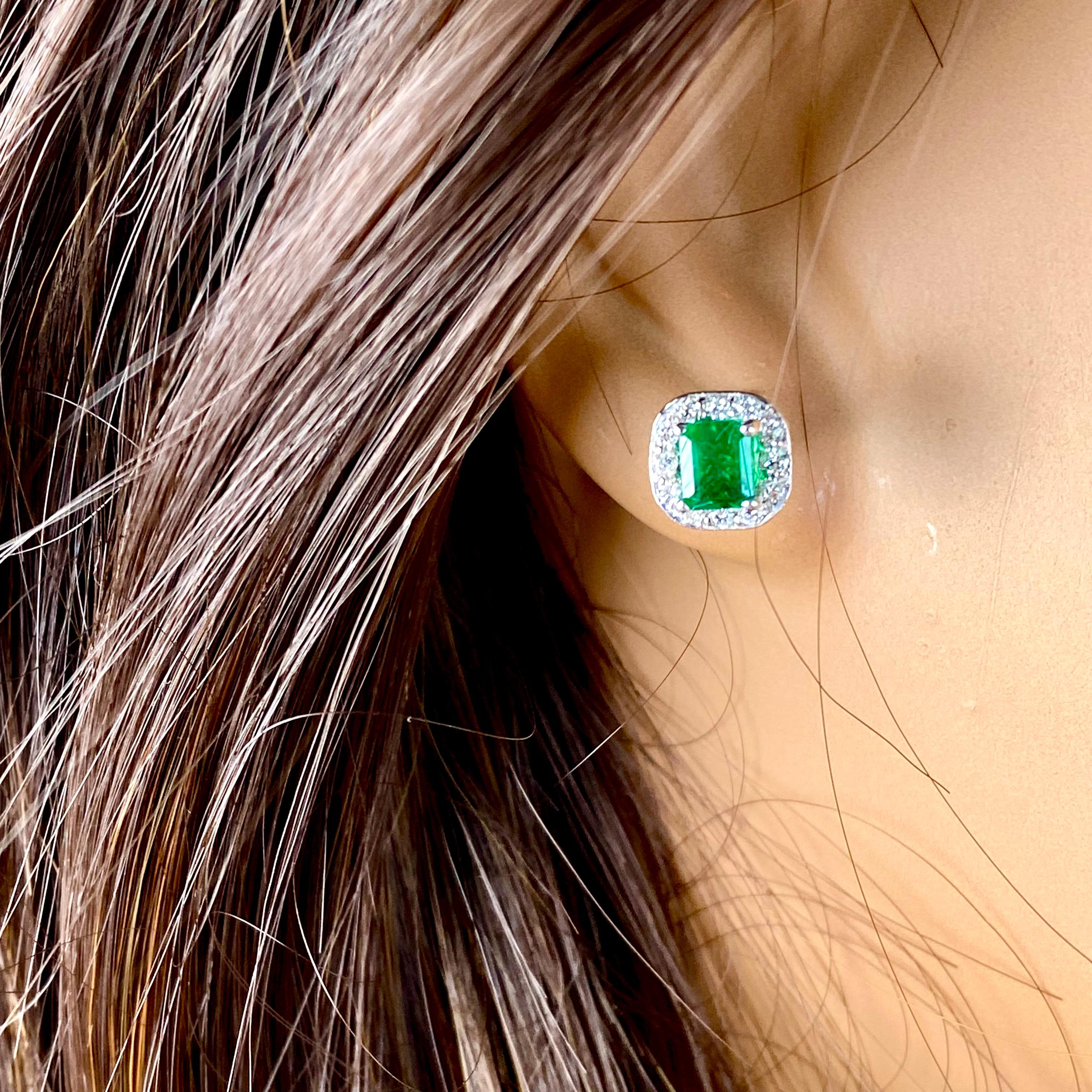 Emerald Shaped Emerald Diamond 1.30 Carat Halo White Gold 0.32 Inch Earrings For Sale 1
