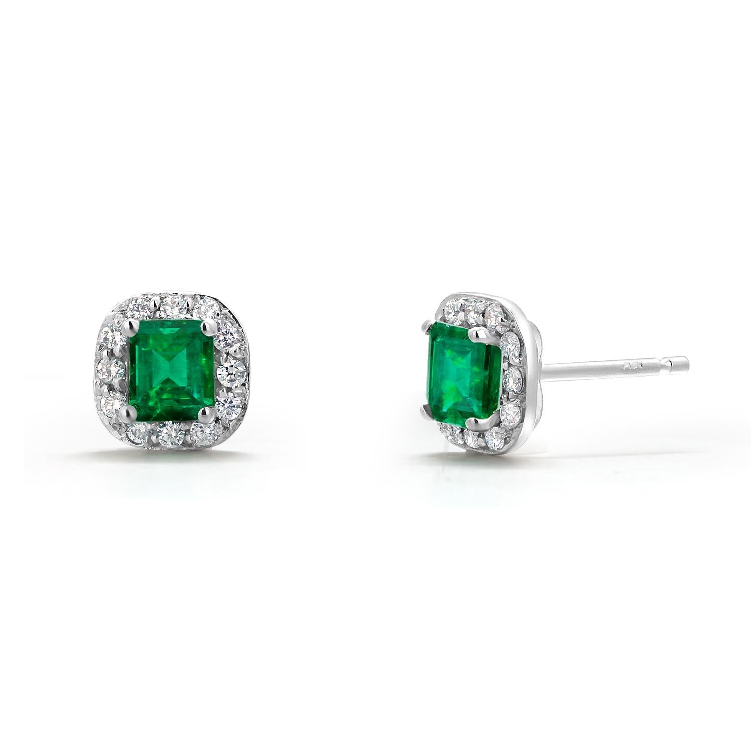 Emerald Shaped Emerald Diamond 1.30 Carat Halo White Gold 0.32 Inch Earrings For Sale 3