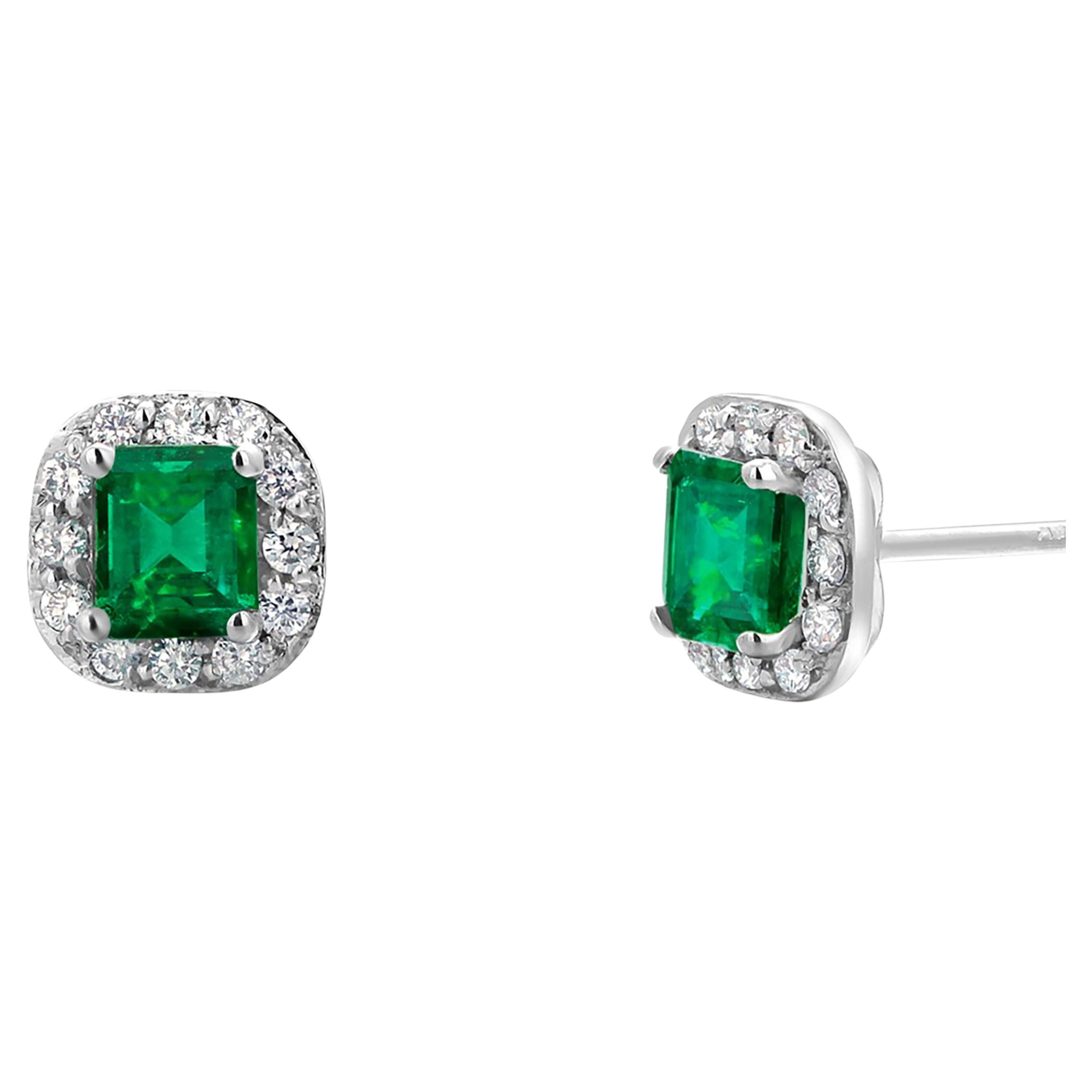 Emerald Shaped Emerald Diamond 1.30 Carat Halo White Gold 0.32 Inch Earrings For Sale