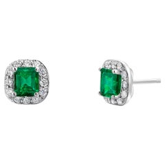 Emerald Shaped Emerald Diamond 1.30 Carat Halo White Gold 0.32 Inch Earrings