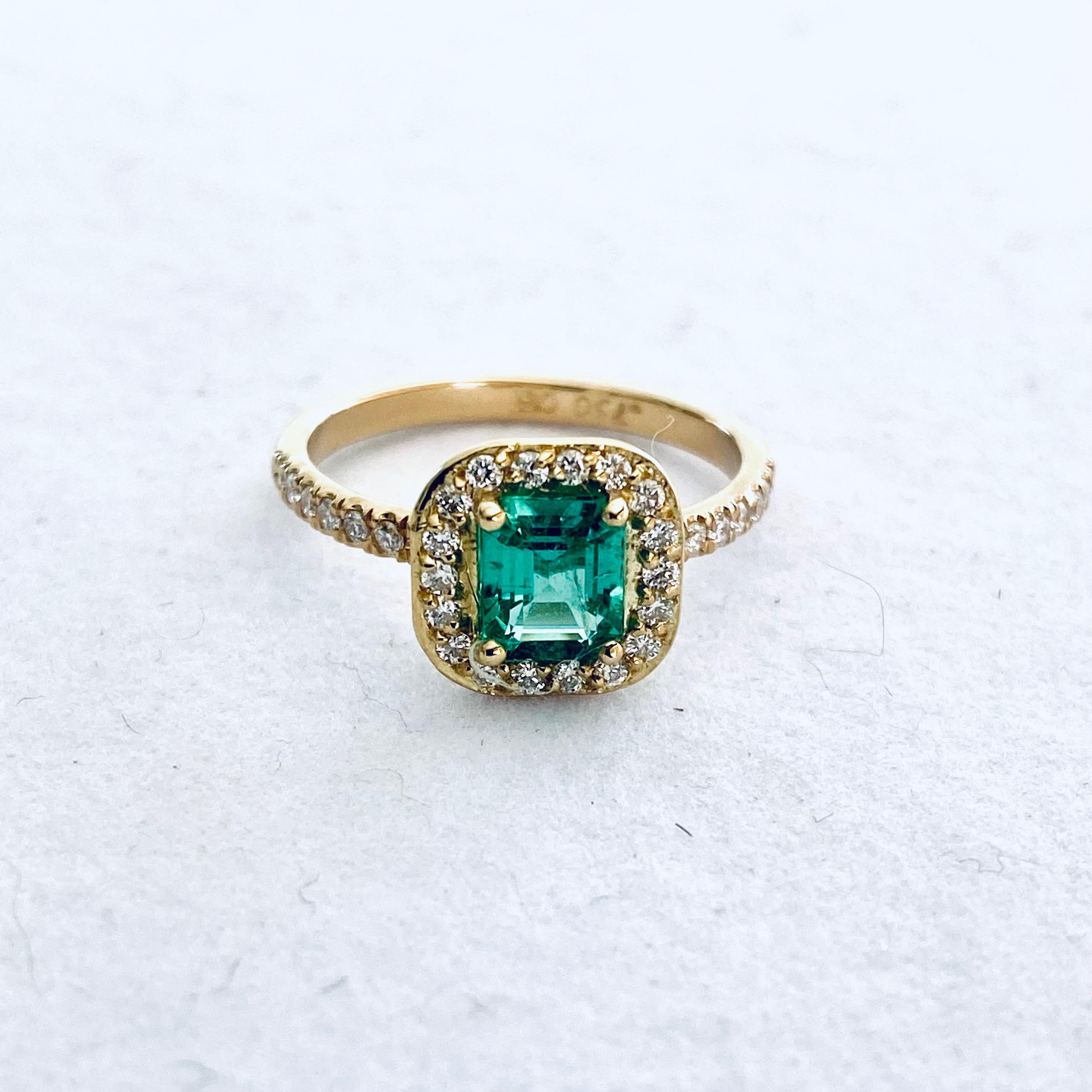 Emerald Shaped Emerald Diamond 1.45 Carat Halo 18 Karat Yellow Gold Ring For Sale 4
