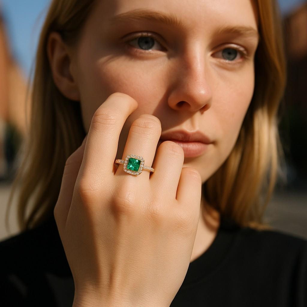 Nous vous présentons notre exquise bague à halo en forme d'émeraude et diamant, réalisée en luxueux or jaune 18 carats. Cette pièce captivante présente une superbe émeraude colombienne de 0,85 carat, réputée pour sa couleur et sa clarté